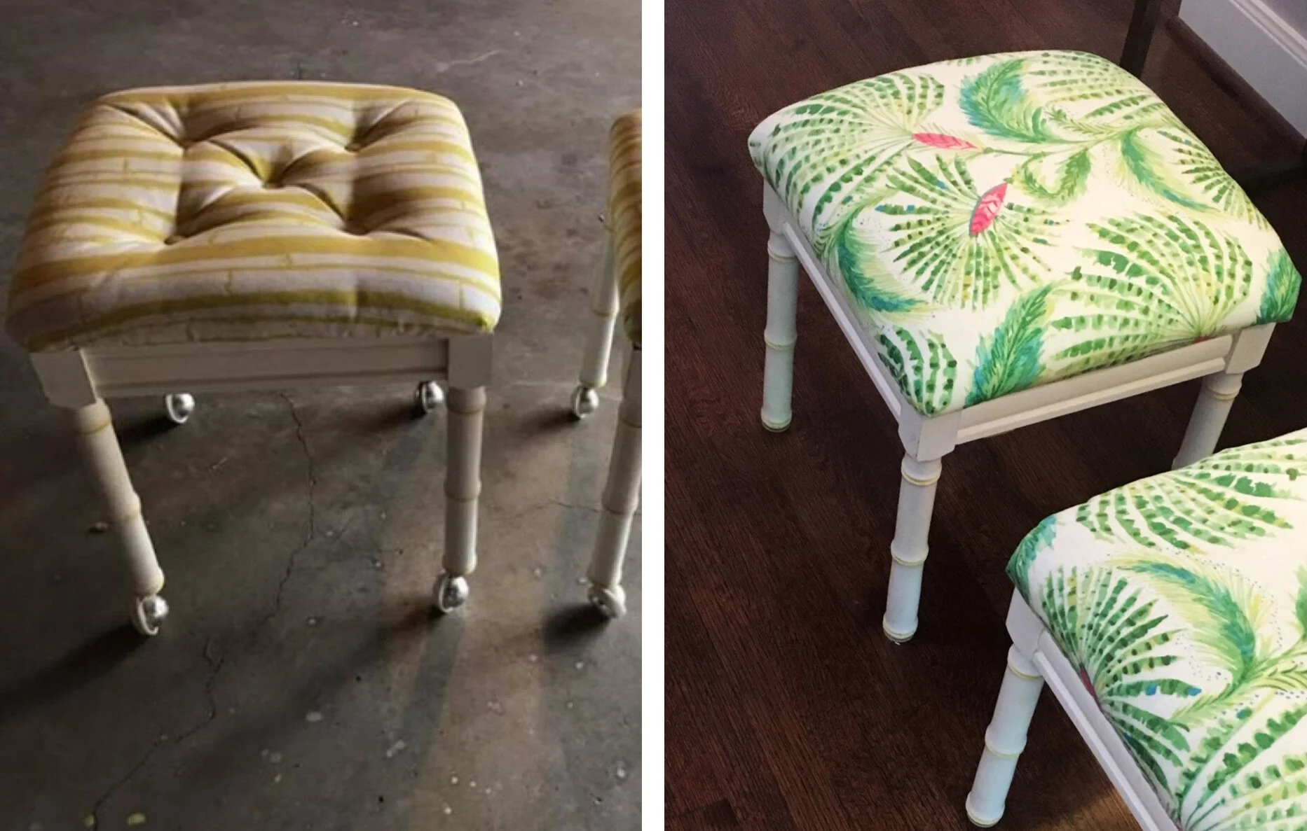  Even though these little stools had nice solid bases, they were giving off all the sad emoji vibes. First, we removed the casters to keep the kids from using them like skateboards. Then, we brightened up the bases with a fresh coat of paint. Finally