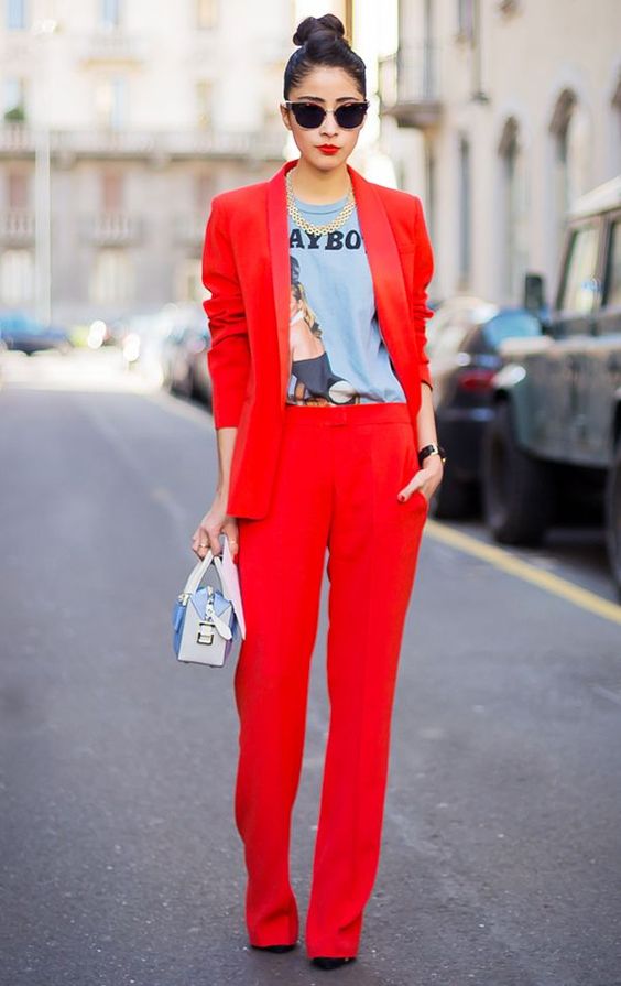 monochromatic red outfit