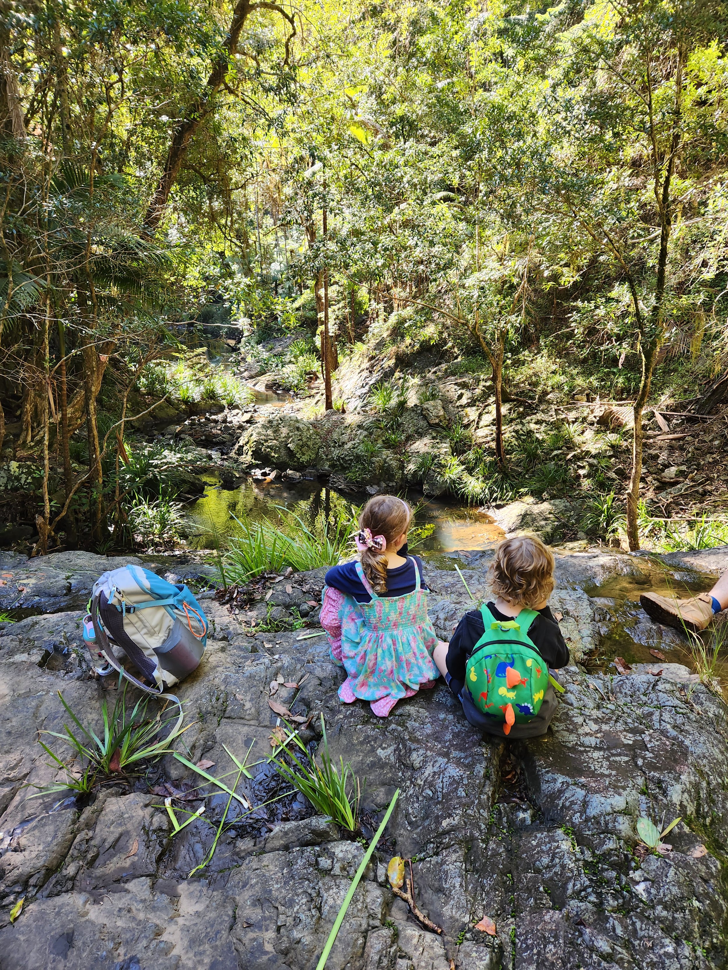 Stopping for a snack over the waterfall at Woolgoolga Creek Falls walking track, an amazing place to visit in Coffs Harbour