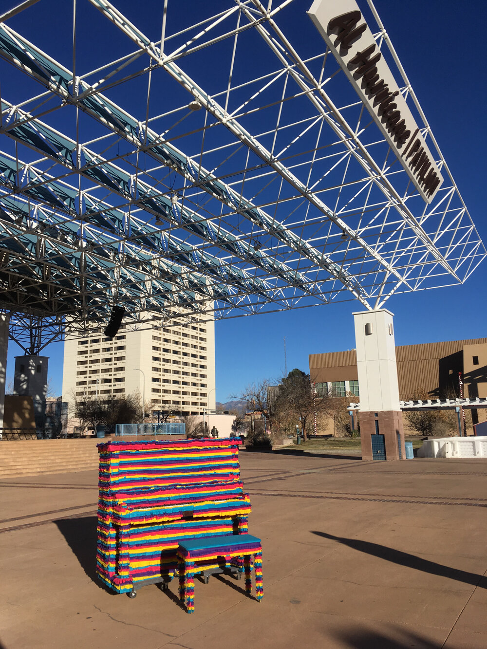  The Piñata Piano. A public art installation in downtown Albuquerque, New Mexico. Felt, Schiller upright grand piano. 2018. 