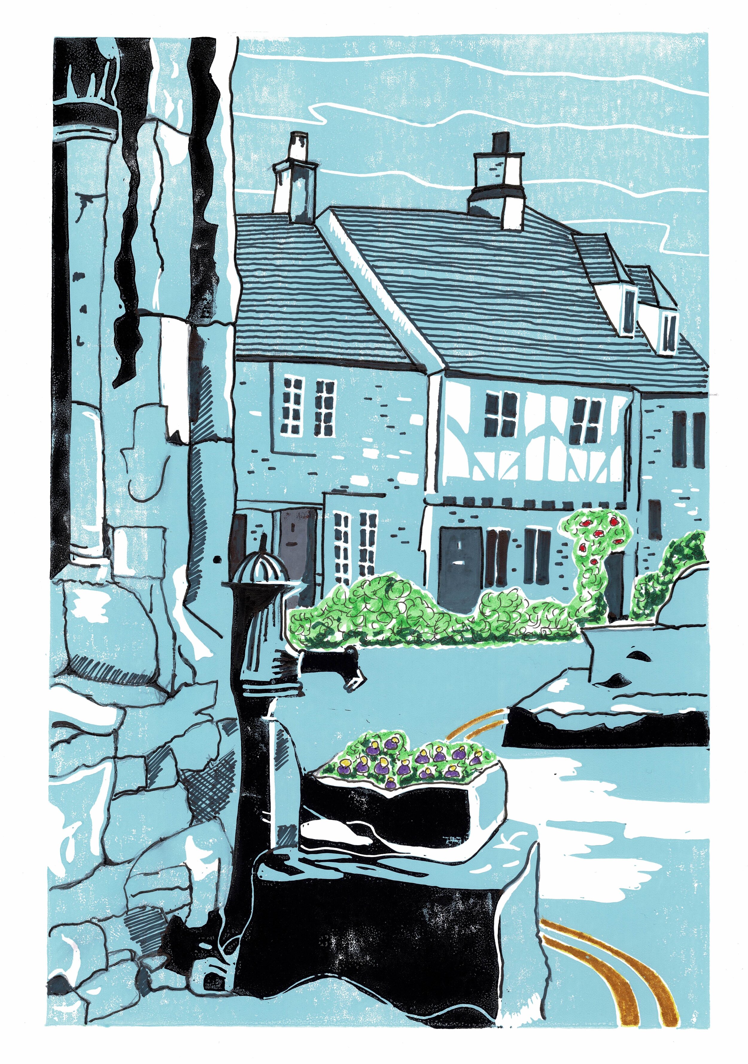Castle-Combe-Pump-Lino-print-and-watercolour-unframed.jpg