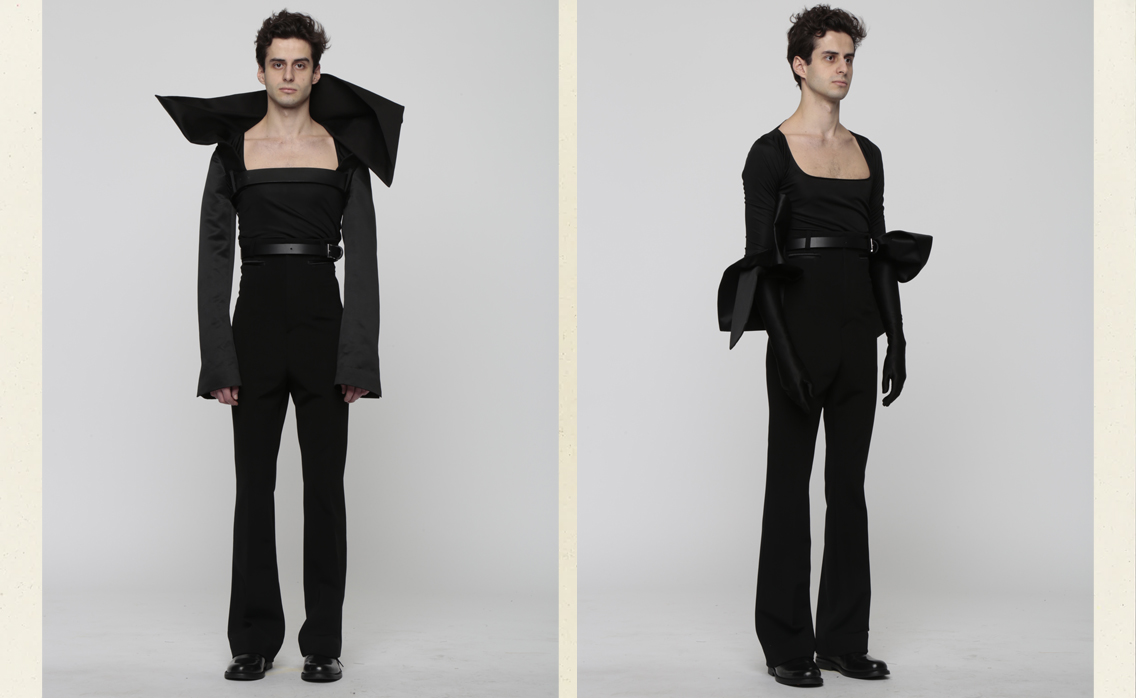 Deconstructed bolero and draped gloves