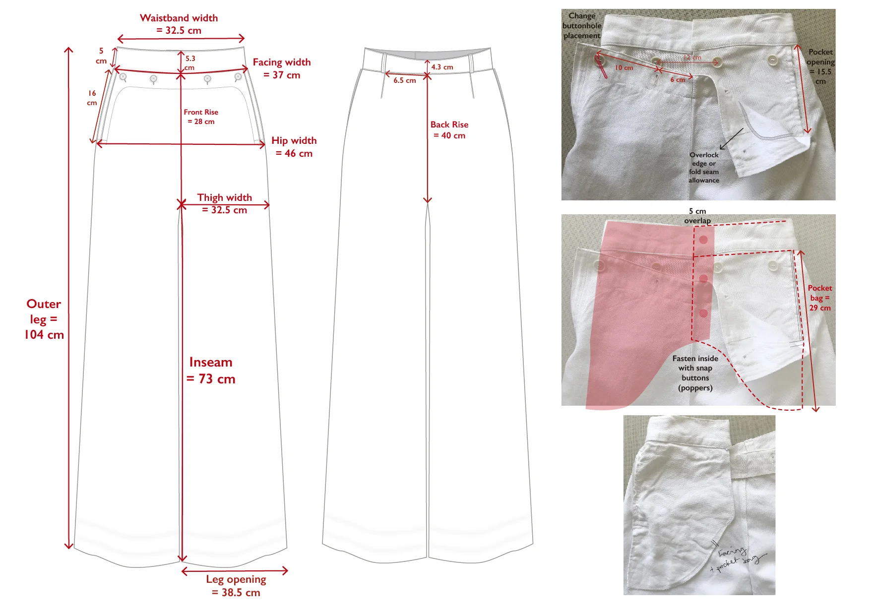 French sailor trousers - Measurements and some construction details: not quite a tech pack that you can send straight to the manufacturer, but enough to start talking with your pattern cutter or sample maker.
