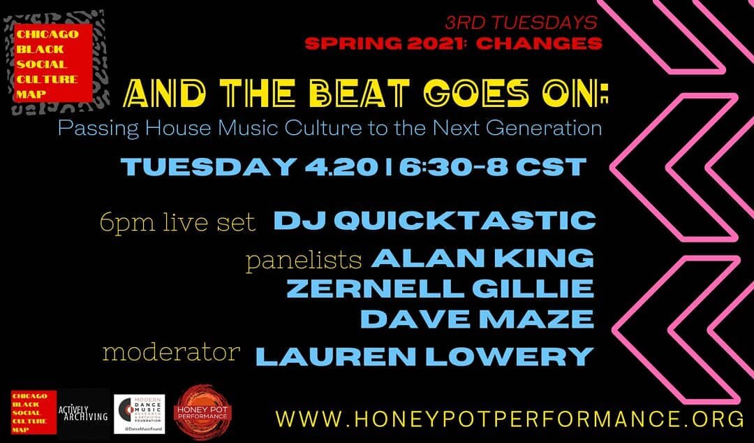 Tomorrow is 3rd Tuesdays with The Chicago Black Social Culture Map! Join us on 4/20 at 6pm for And the Beat Goes On:  Passing House Music Culture to the Next Generation. 

Featuring a Panel Discussion by @djalanking, @grimyz, and @discodavemaze led b