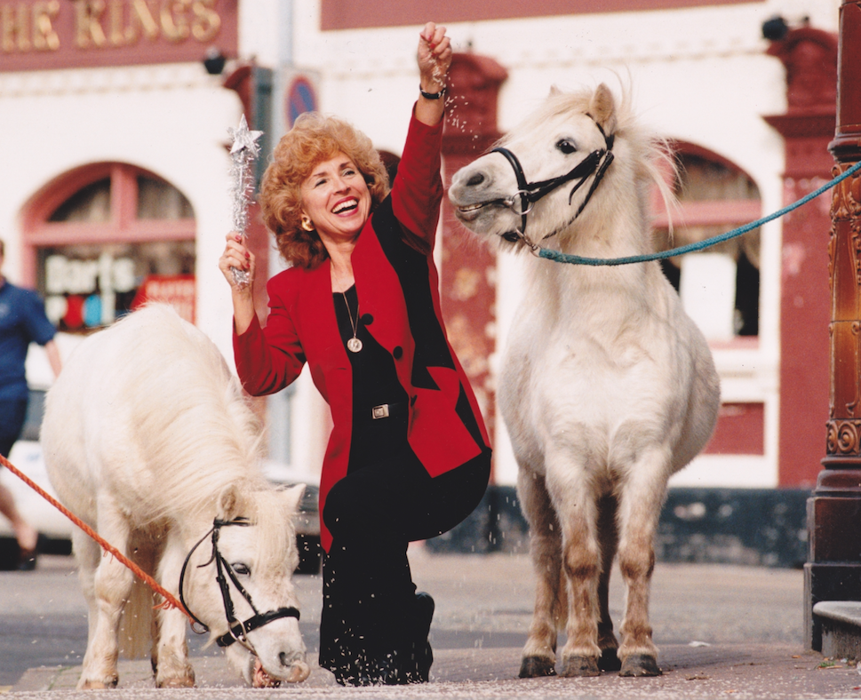 Sandra with Bertie and Harry the pantomime ponies, in October 1995