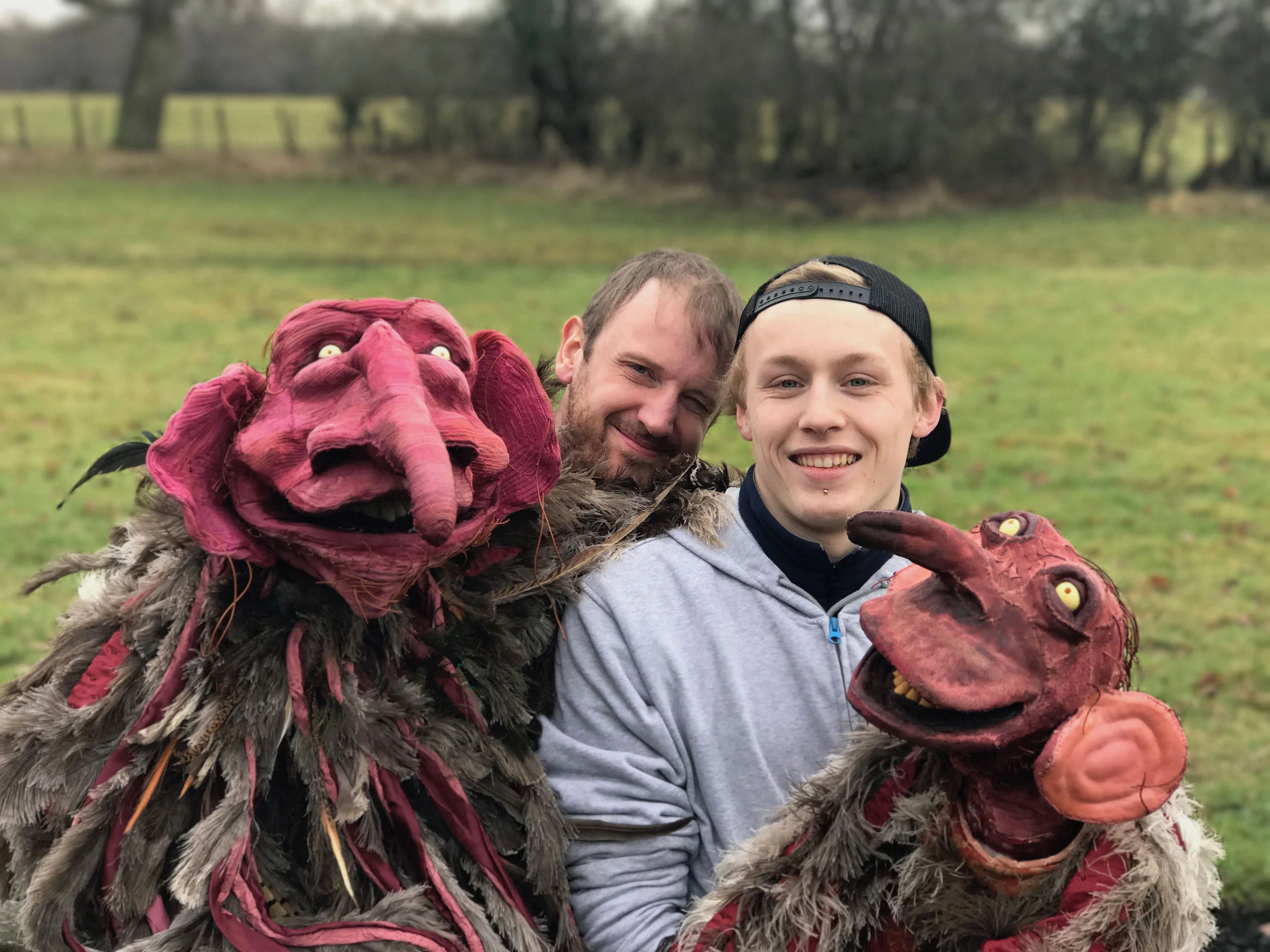 Jake (right) with puppeteer, Jonathan Leach; Filming a scene from Bulldoze.