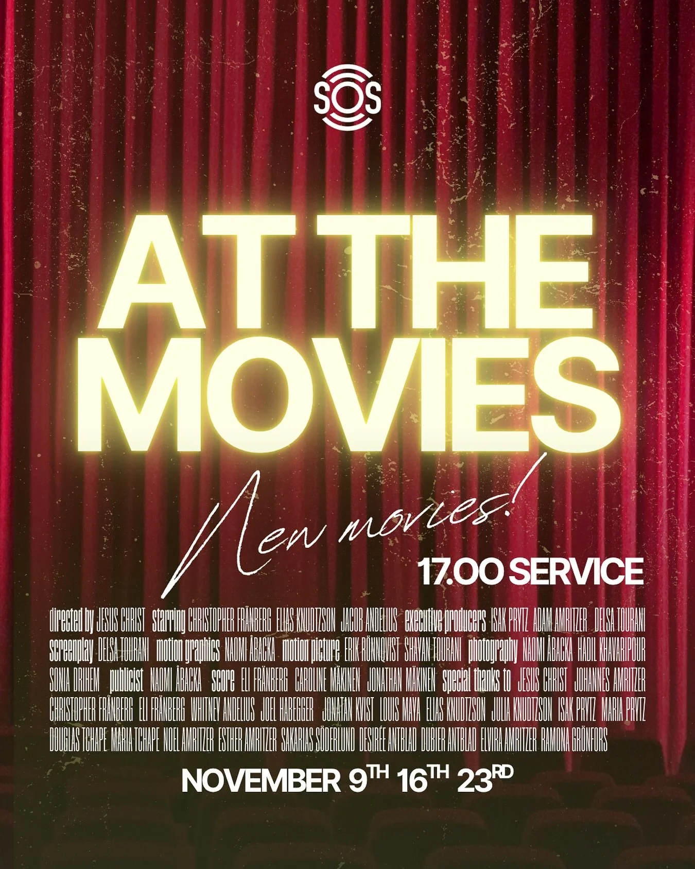 WE&rsquo;RE NOT KIDDING! 🎬🍿🎞️
At The Movies hits theatres- uh, church this Sunday Nov 9th at 17.00!

Jesus used parables, WE&rsquo;RE USING MOVIES! 🎥

Dates: Nov 9th, 16th and 23rd
Time: 17.00
Location: VENUE81, Drottninggatan 81