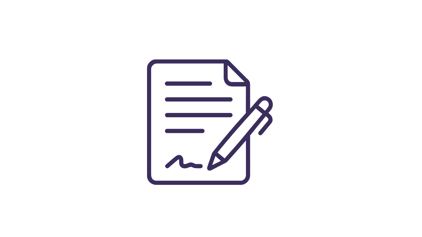 Icon of a document with lines of text and a signature line, with a pencil signing the document.