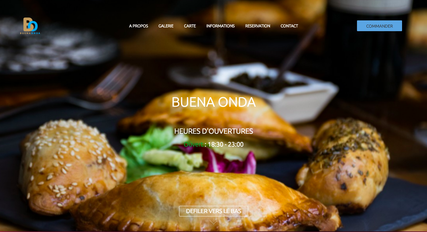 Site du restaurant Buena Onda réalisé par Clickeat. Les horaires d’ouvertures sont visibles dès l’arrivée sur le site. Elles sont facilement modifiable depuis un back office.