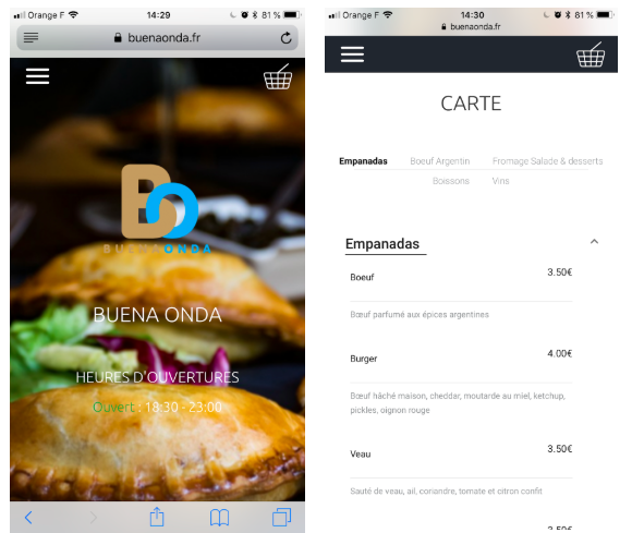 Exemple du restaurant Buena Onda sur mobile. La carte, galerie et informations principales s’adaptent parfaitement à une navigation sur mobile.