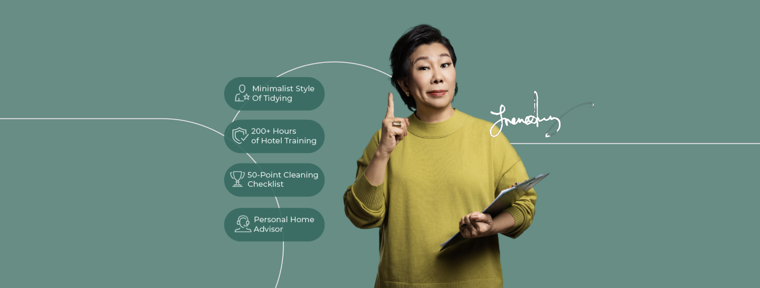 Woman in yellow sweater holding clipboard, pointing upwards, with various icons and text related to cleaning services on a teal background.