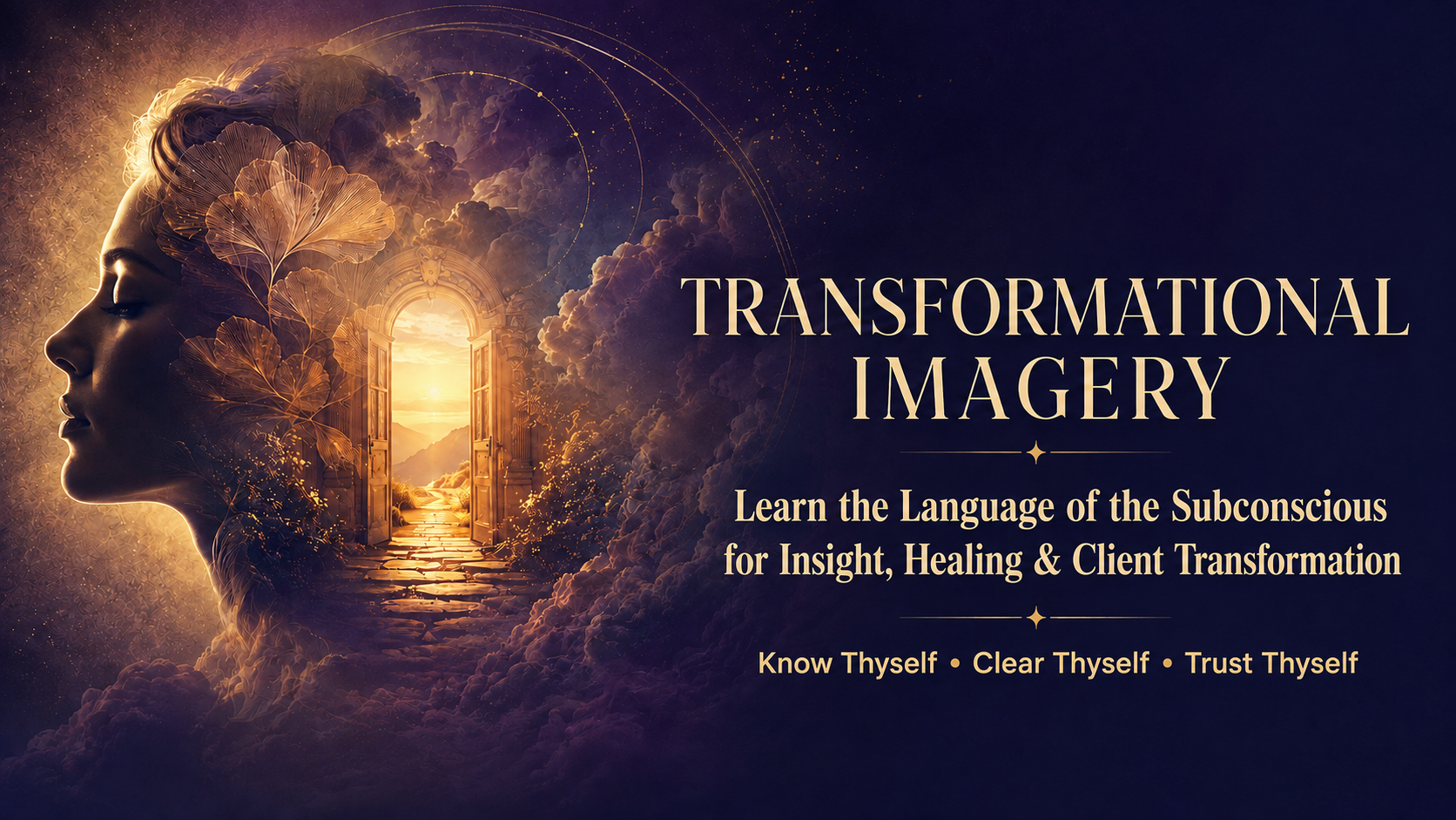 A profile of a woman's face with a serene expression, surrounded by clouds and ginkgo leaves, with a glowing door opening to a scenic landscape at sunset, promoting transformational imagery for insight, healing, and client transformation.