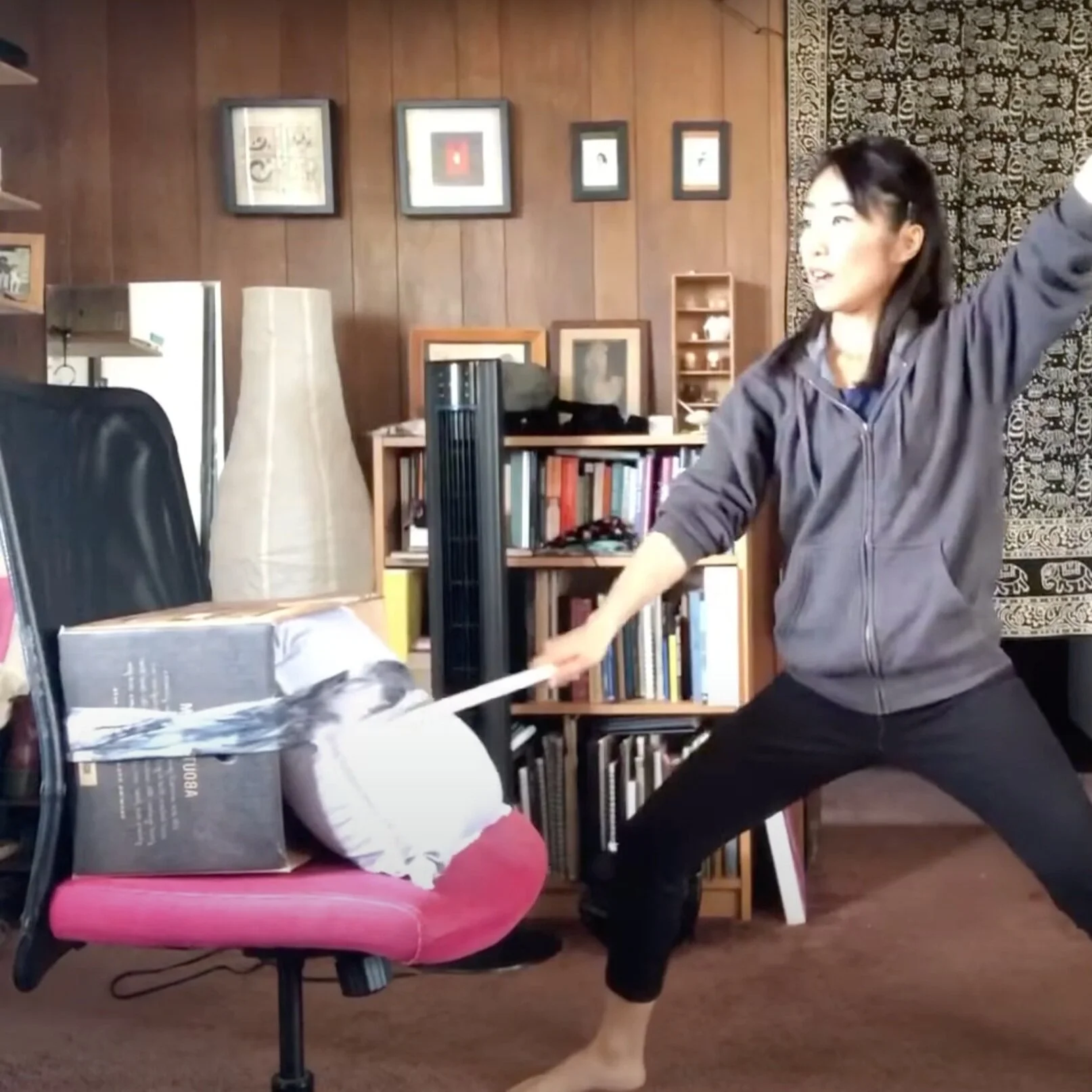 Naname setup using a pillow, chair and cardboard box. The box allows you to have a different sound for playing “ka’s”