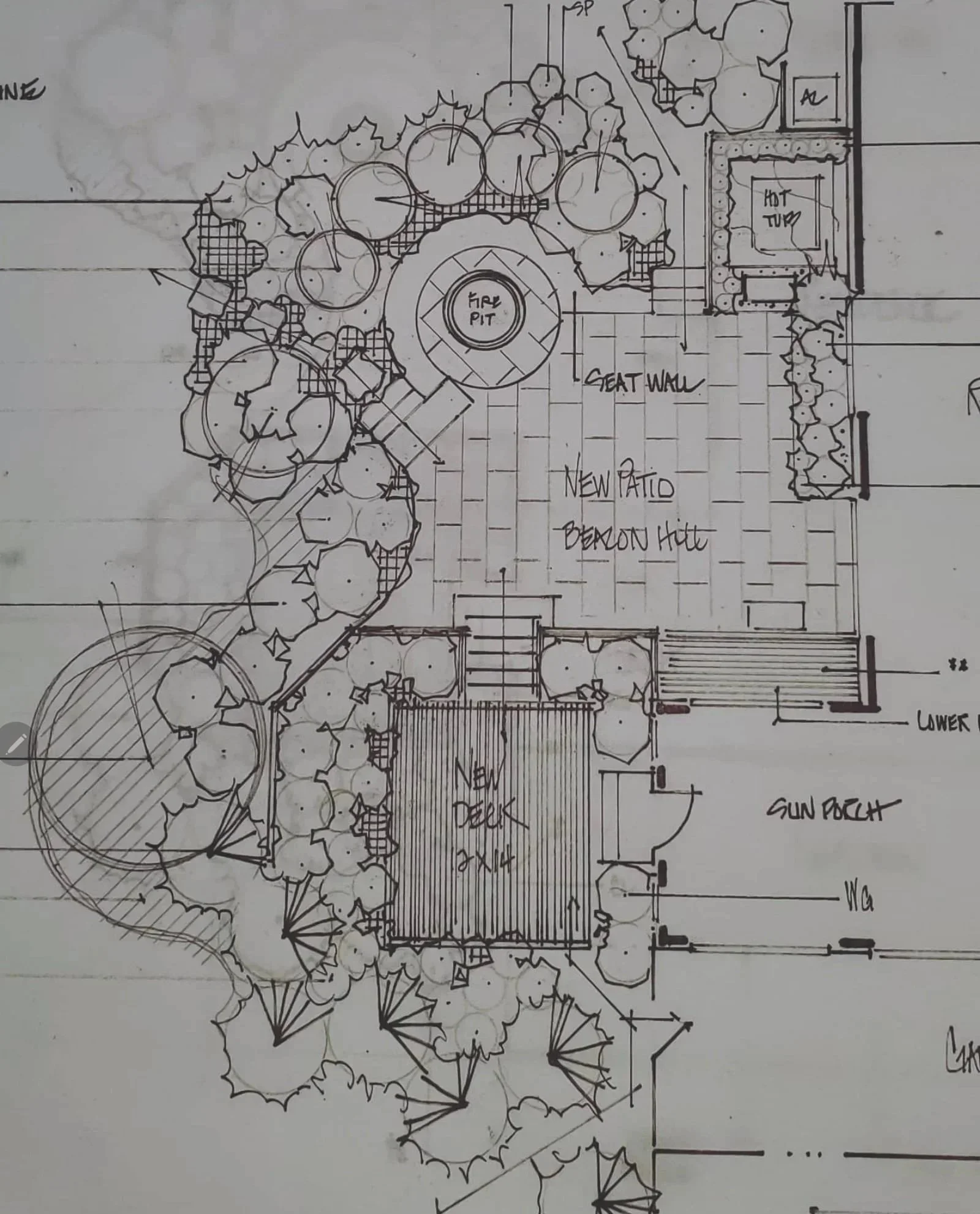 Hand drawn Landscape design with a thermal bluestone patio with a firepit and seating hot tub with Privacy screening native plants  and an upper viewing cedar deck evergreens and large shade trees