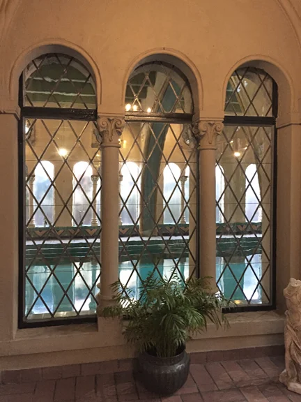The leaded glass windows as designed by Julia Morgan