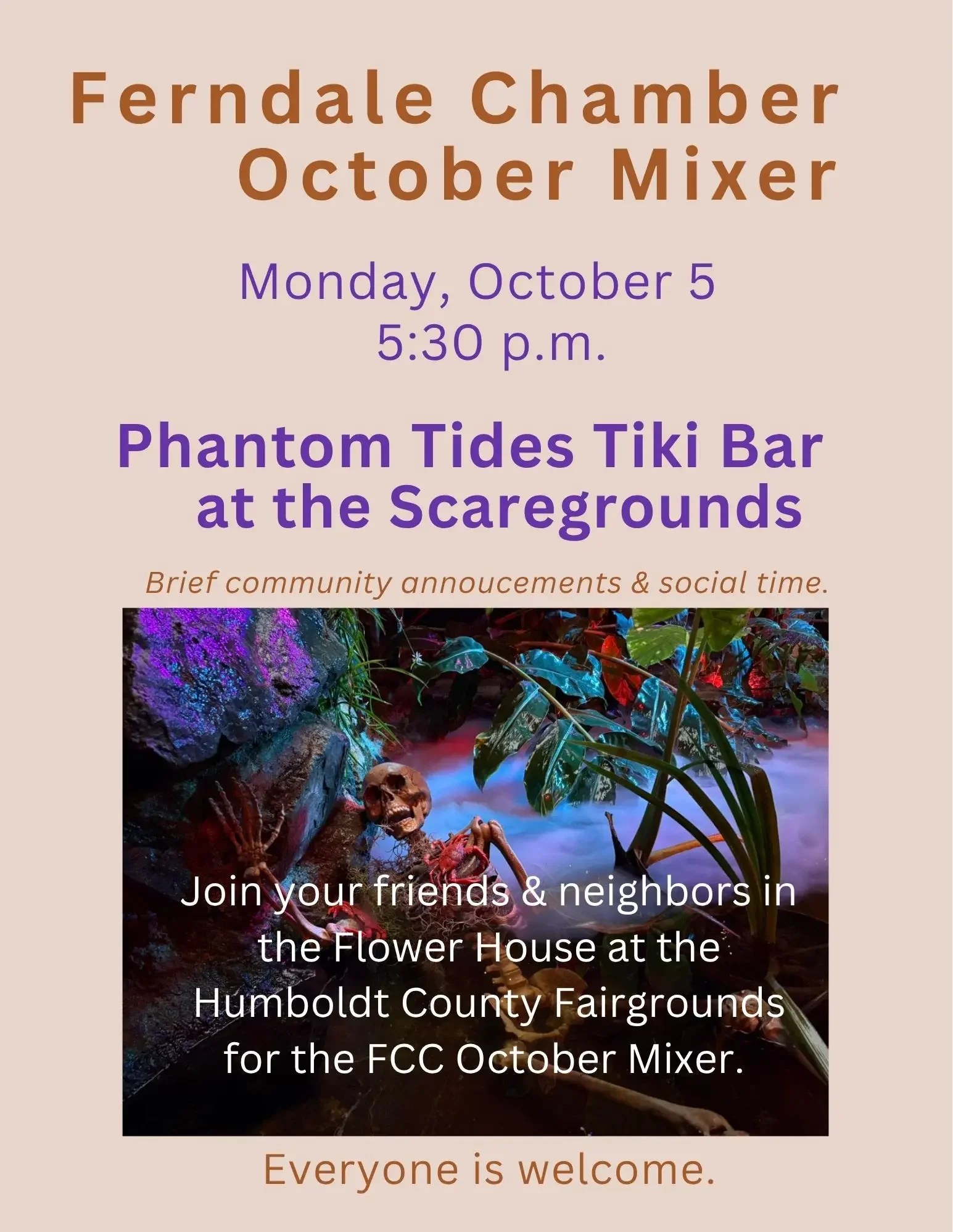 Event flyer for the Ferndale Chamber October Mixer on Monday, October 5, at 5:30 p.m., featuring a colorful tropical Halloween scene and event details.