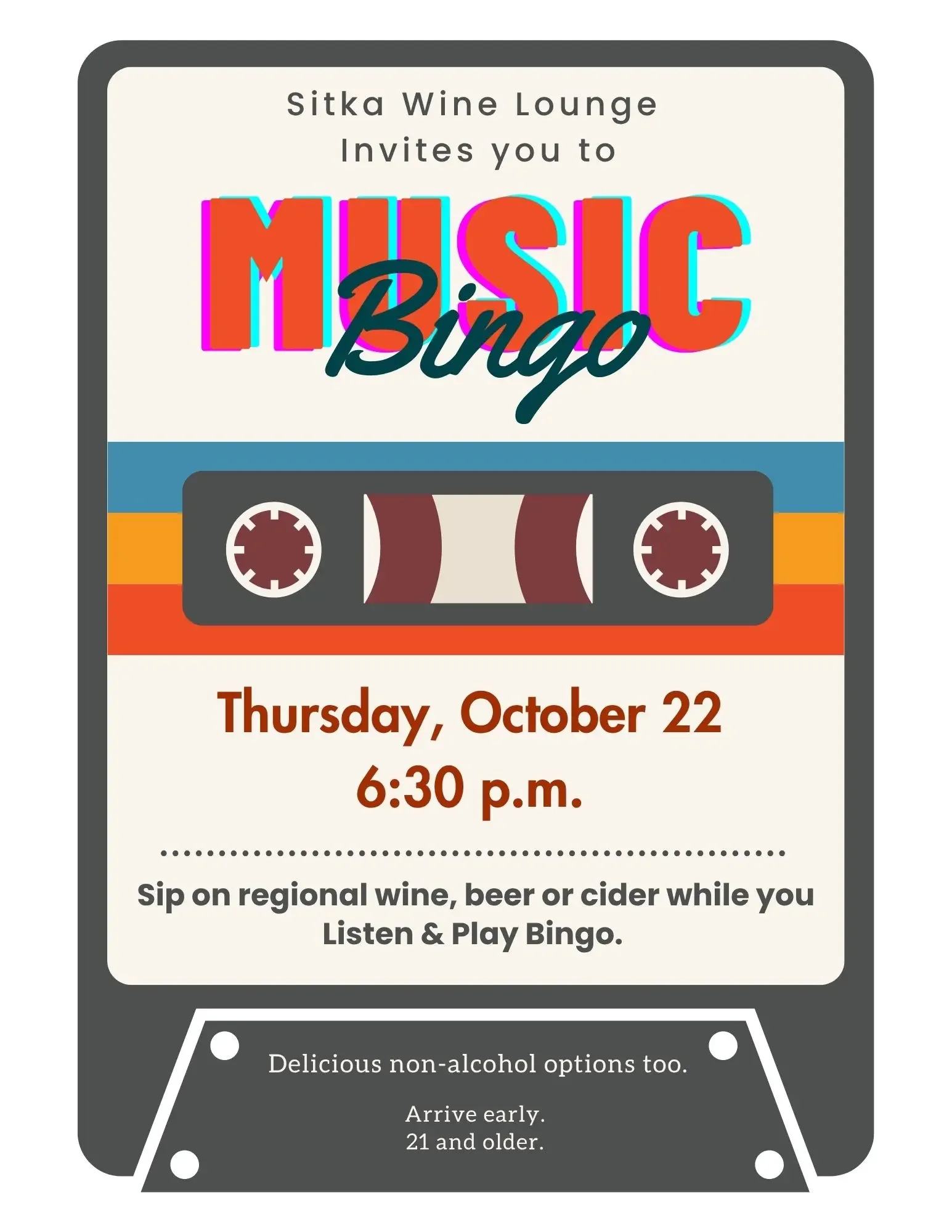 Event poster for Sitka Wine Lounge’s Music Bingo on Thursday, October 22, at 6:30 p.m., featuring a colorful cassette tape graphic.