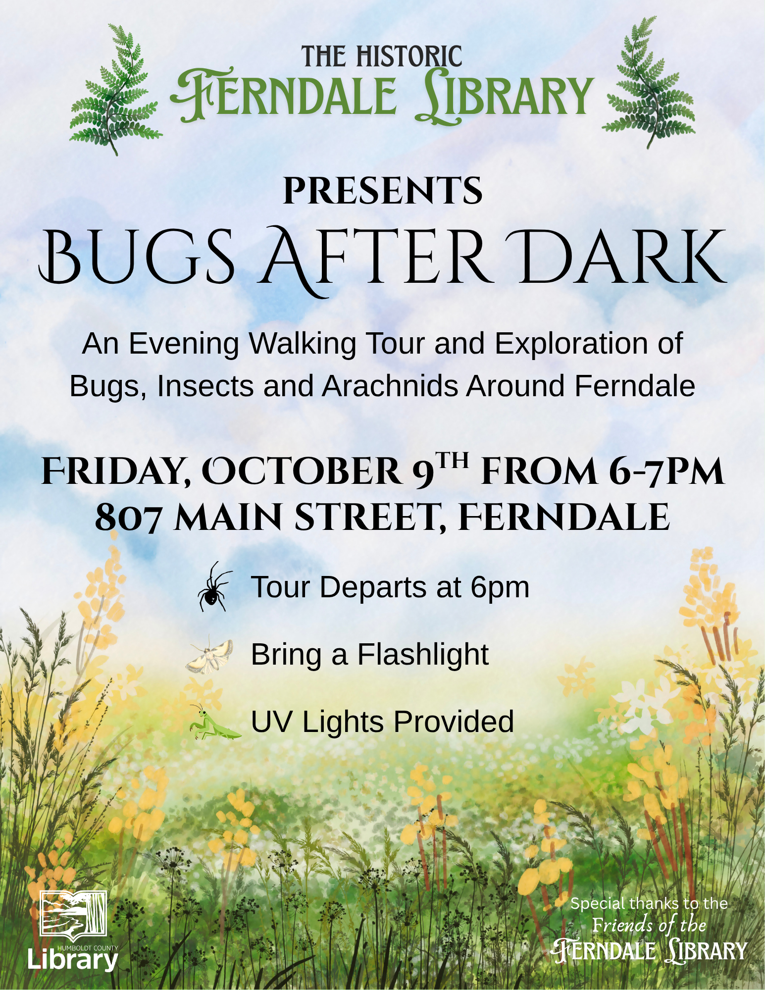 Event poster for “Bugs After Dark,” an evening walking tour of bugs, insects, and arachnids around Ferndale on Friday, October 9, from 6–7 PM.