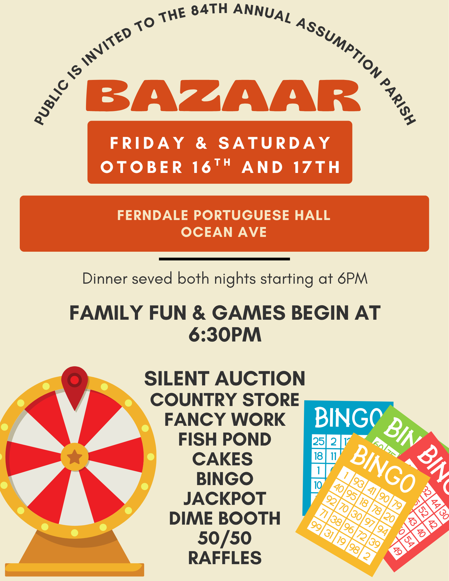 Poster for the 84th Annual Assumption Parish Bazaar on Friday and Saturday, October 16 and 17, at Ferndale Portuguese Hall on Ocean Avenue, featuring dinner, games, bingo, raffles, and other activities.