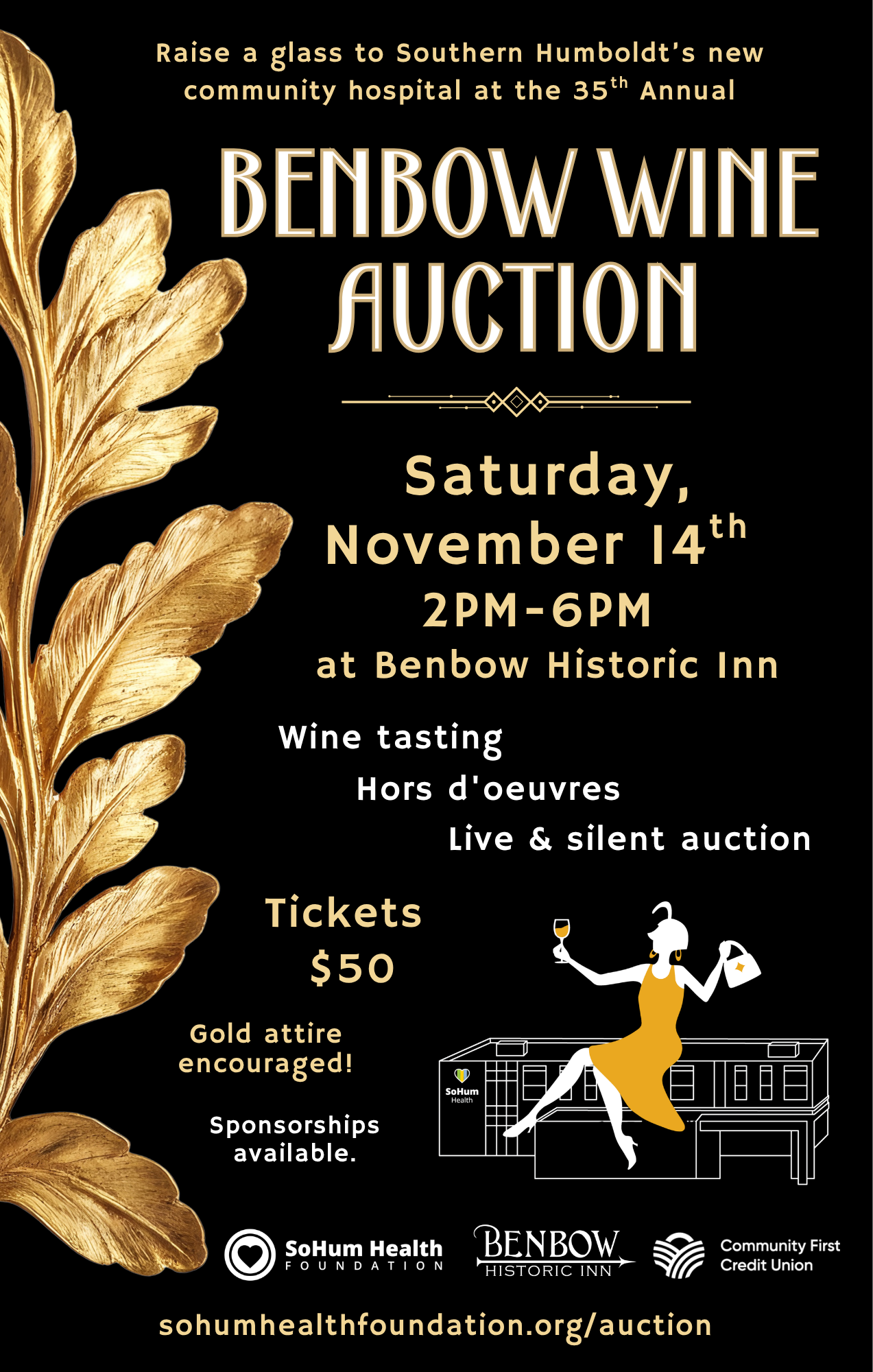Poster for the Benbow Wine Auction benefiting Southern Humboldt’s new community hospital, held Saturday, November 14th, from 2–6 PM at the Benbow Historic Inn; tickets are $50.