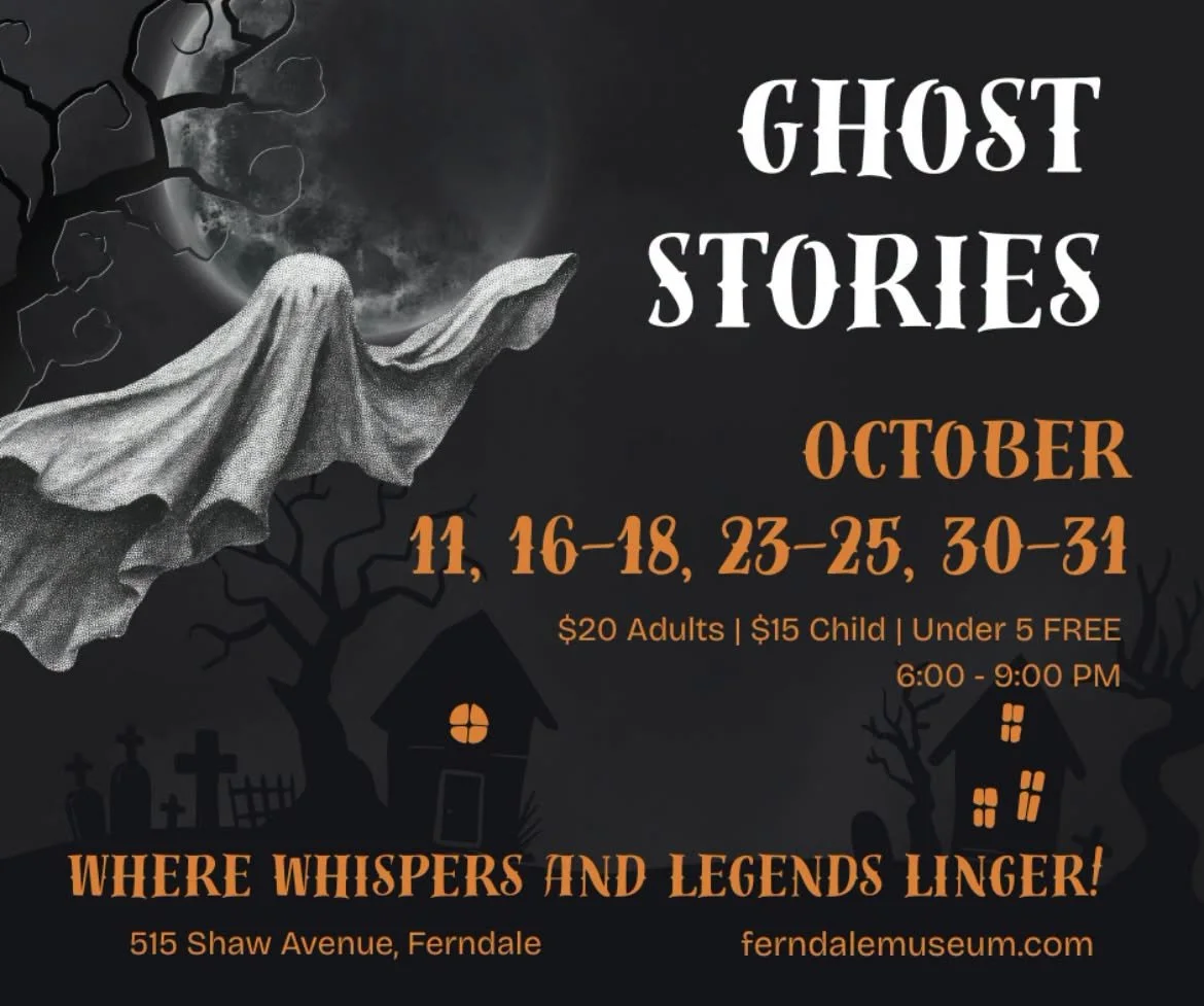 Halloween event poster for “Ghost Stories” in October, featuring a floating ghost, full moon, haunted houses, and event details.