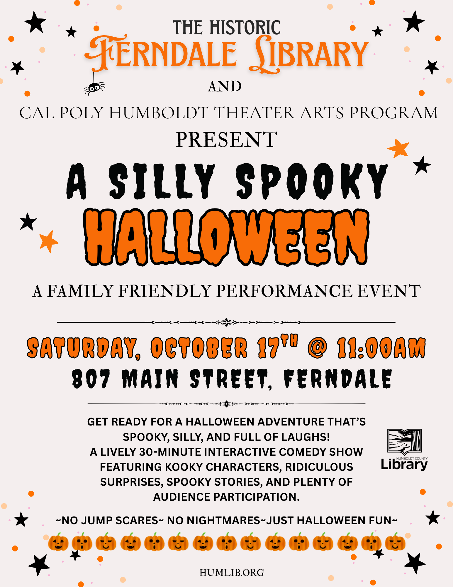 Halloween performance poster for “A Silly Spooky Halloween” at 807 Main Street, Ferndale, on Saturday, October 17th at 11:00 AM.