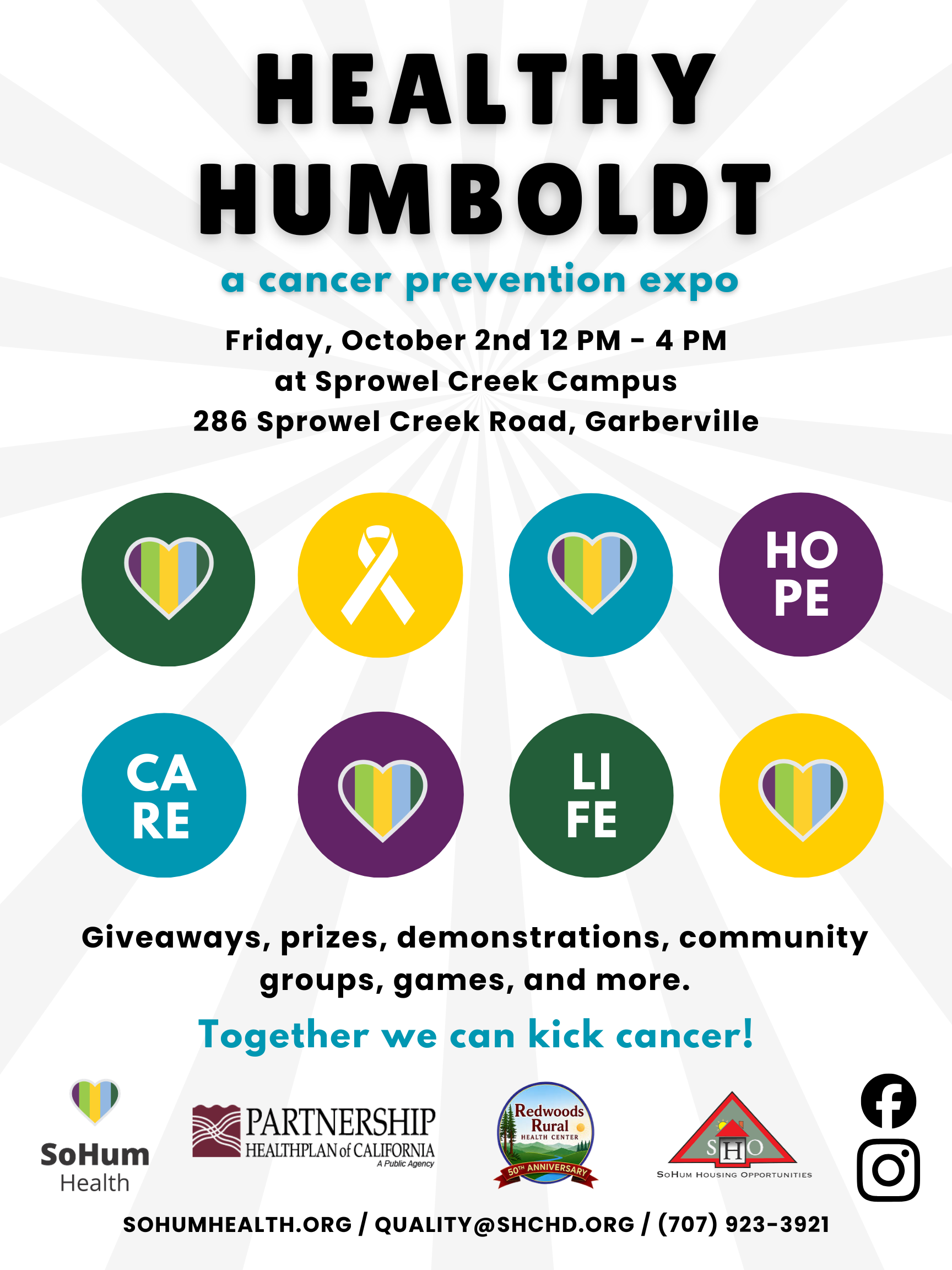 Poster advertising the Healthy Humboldt cancer prevention expo on October 2nd at Sprowel Creek Campus, featuring event details, colorful health-themed icons, partner logos, and contact information.
