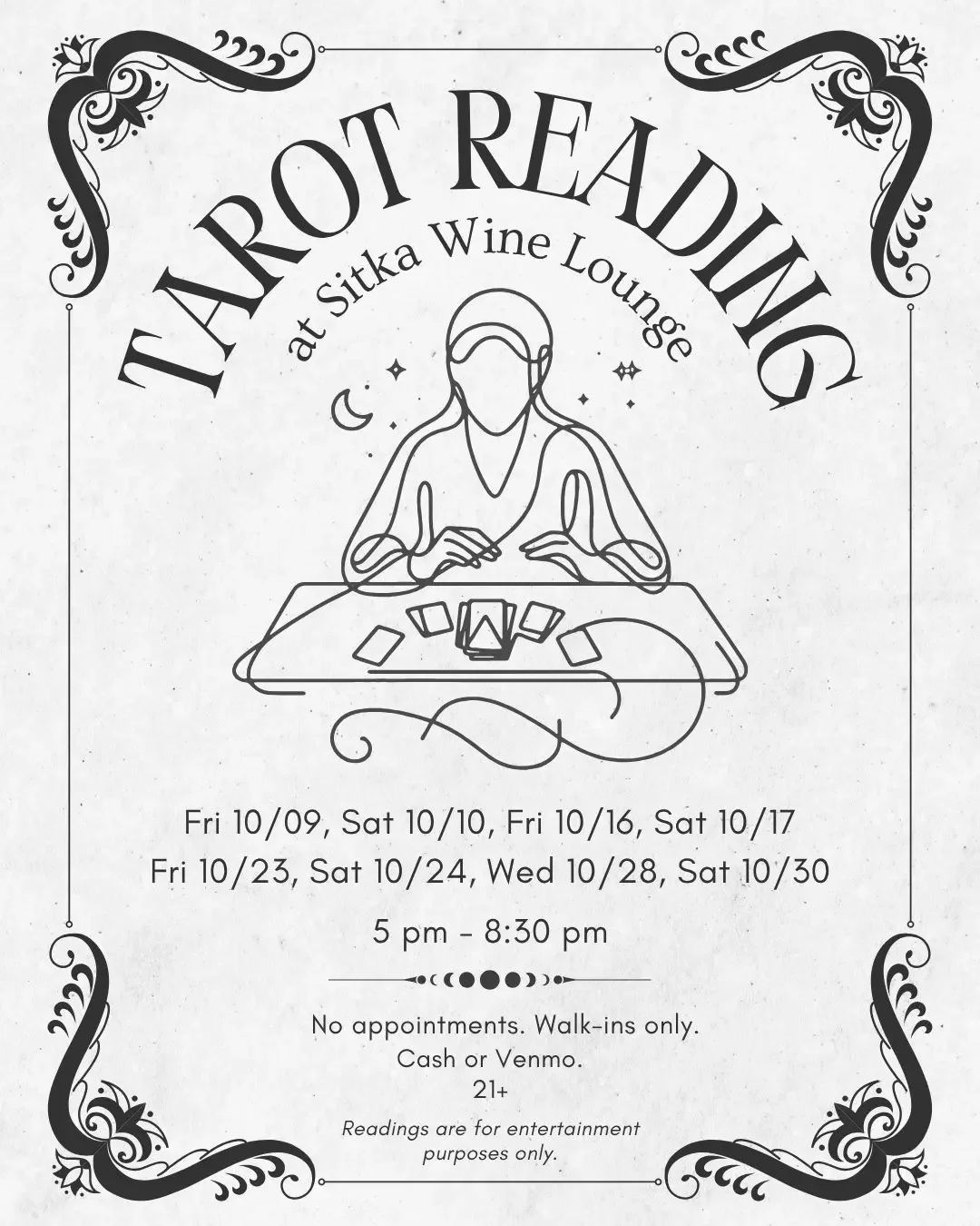 Vintage-style flyer advertising tarot readings at Sitka Wine Lounge, featuring an illustrated tarot reader, cards, and ornate black borders.