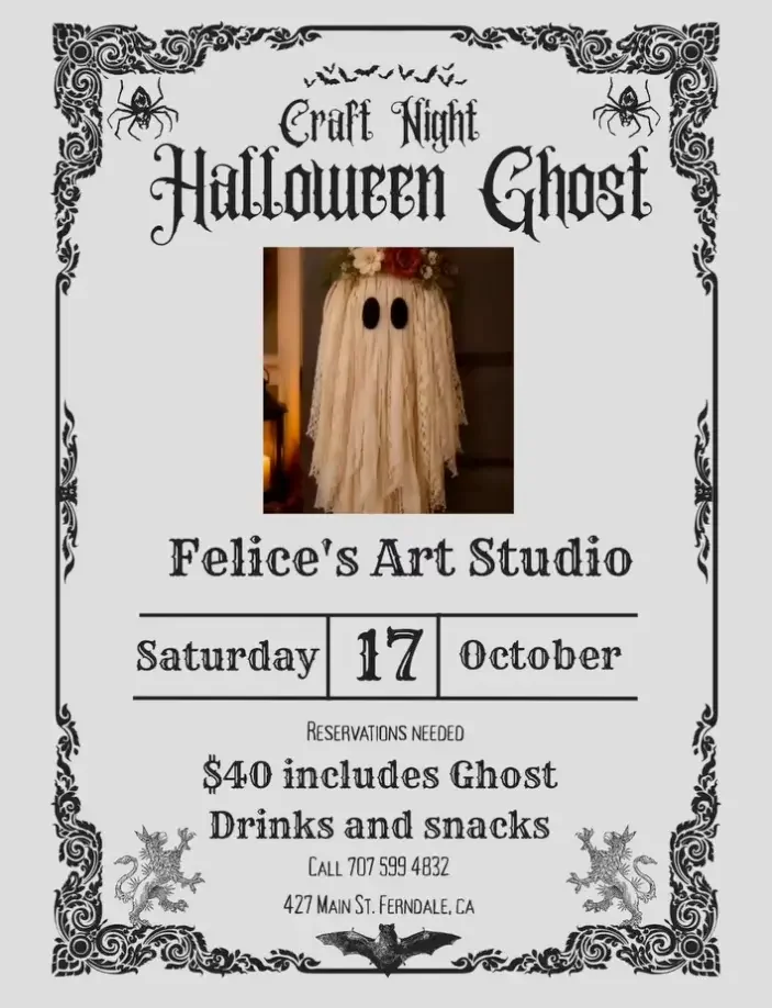 Halloween ghost craft-night poster for Felice’s Art Studio, featuring a fabric ghost photo and event details for Saturday, October 17.