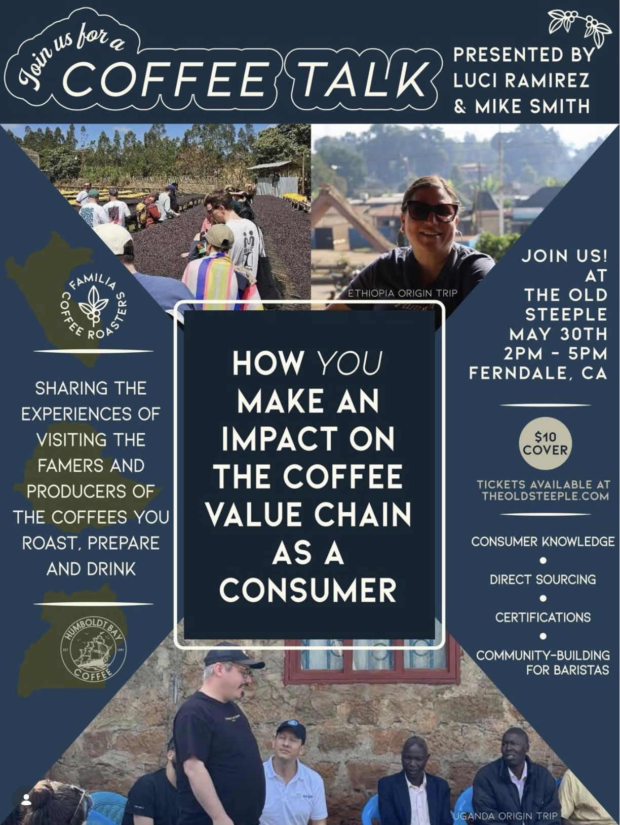 A poster with dark blue background, white text, and photos of people touring coffee growing sites