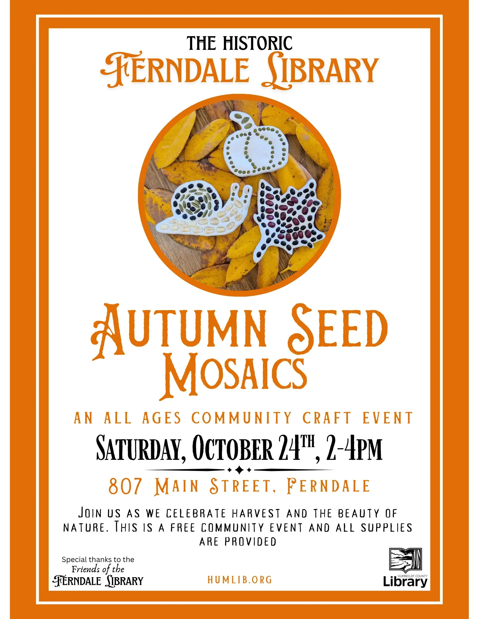 Event poster for the Historic Ferndale Library’s “Autumn Seed Mosaics,” featuring seed-decorated crafts on autumn leaves and event details.