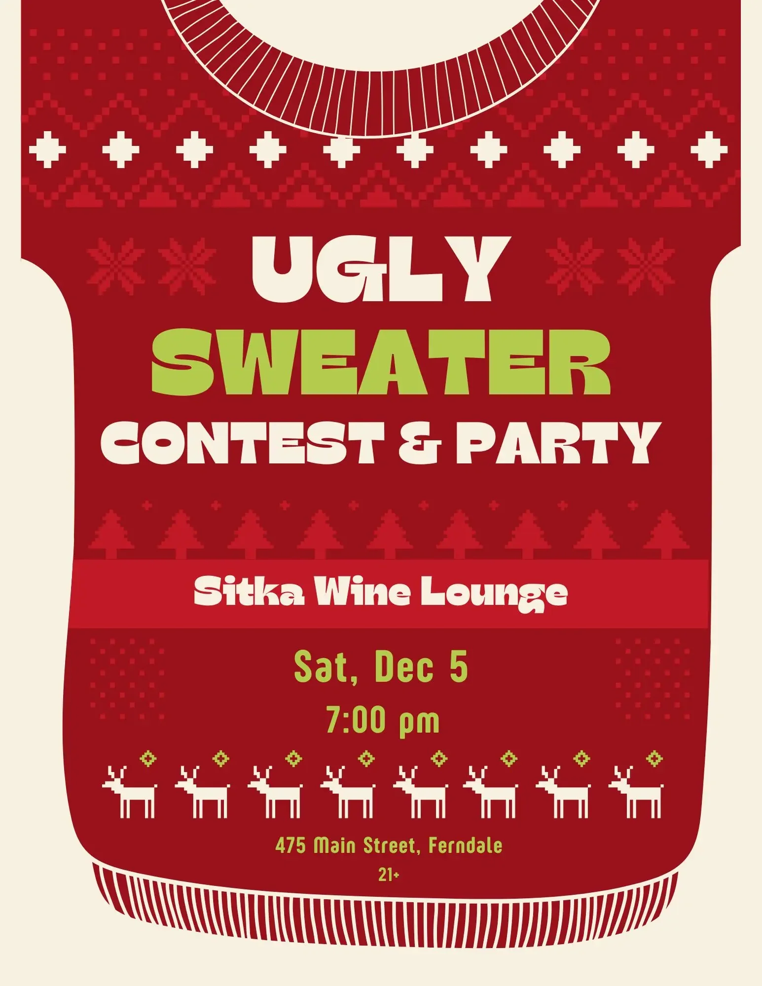 Red holiday sweater poster advertising an “Ugly Sweater Contest & Party” at Sitka Wine Lounge on Saturday, December 5, at 7:00 p.m.