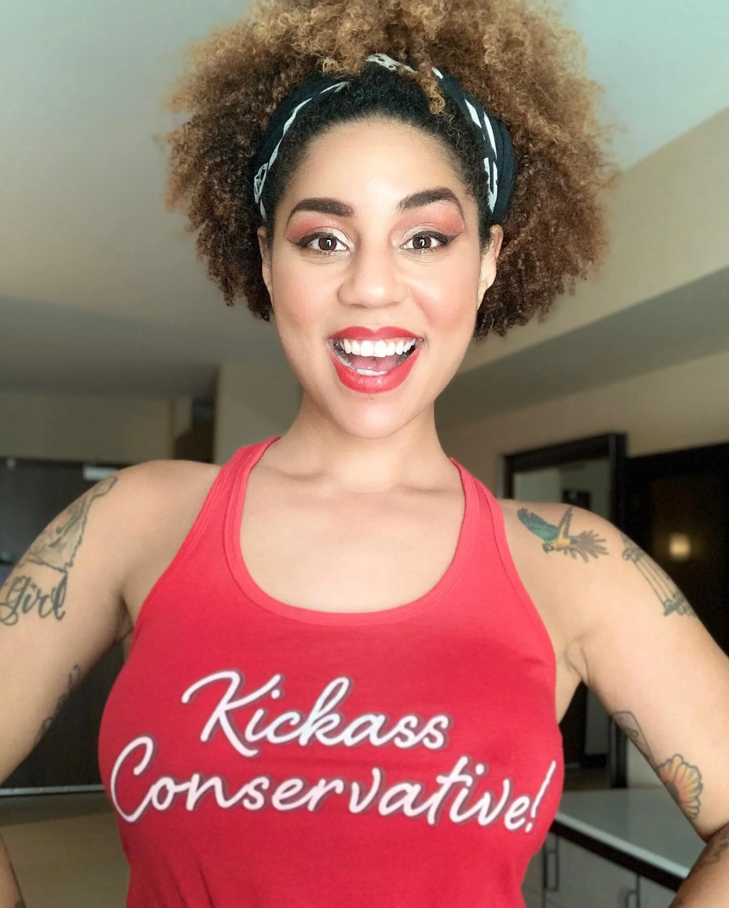 So excited to announce ‪#JOYTRIBE my NEW SHIRTS! ❤️ Get your #KickassConservative tank top in men&rsquo;s and women&rsquo;s sizes, printed in the USA, and 20% off by signing up for my newsletter! 🇺🇸LINK IN BIO 🇺🇸https://www.joyvilla.net/store/kic