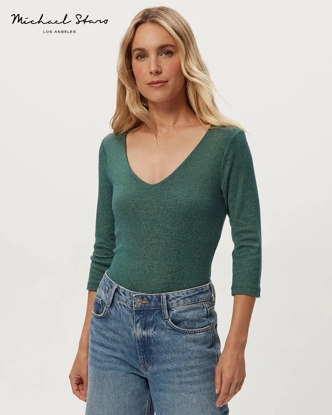 Angelina Shine V-Neck Tee From Michael Stars.