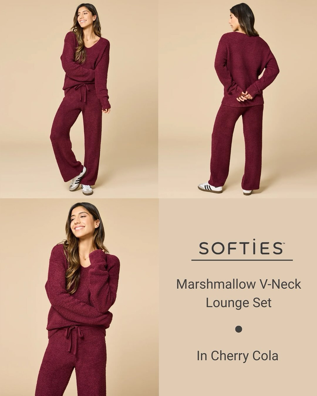 Just In From Softies! Marshmallow V-Neck Lounge Set In Four Colors: Cherry Cola, Espresso, Driftwood and Black.