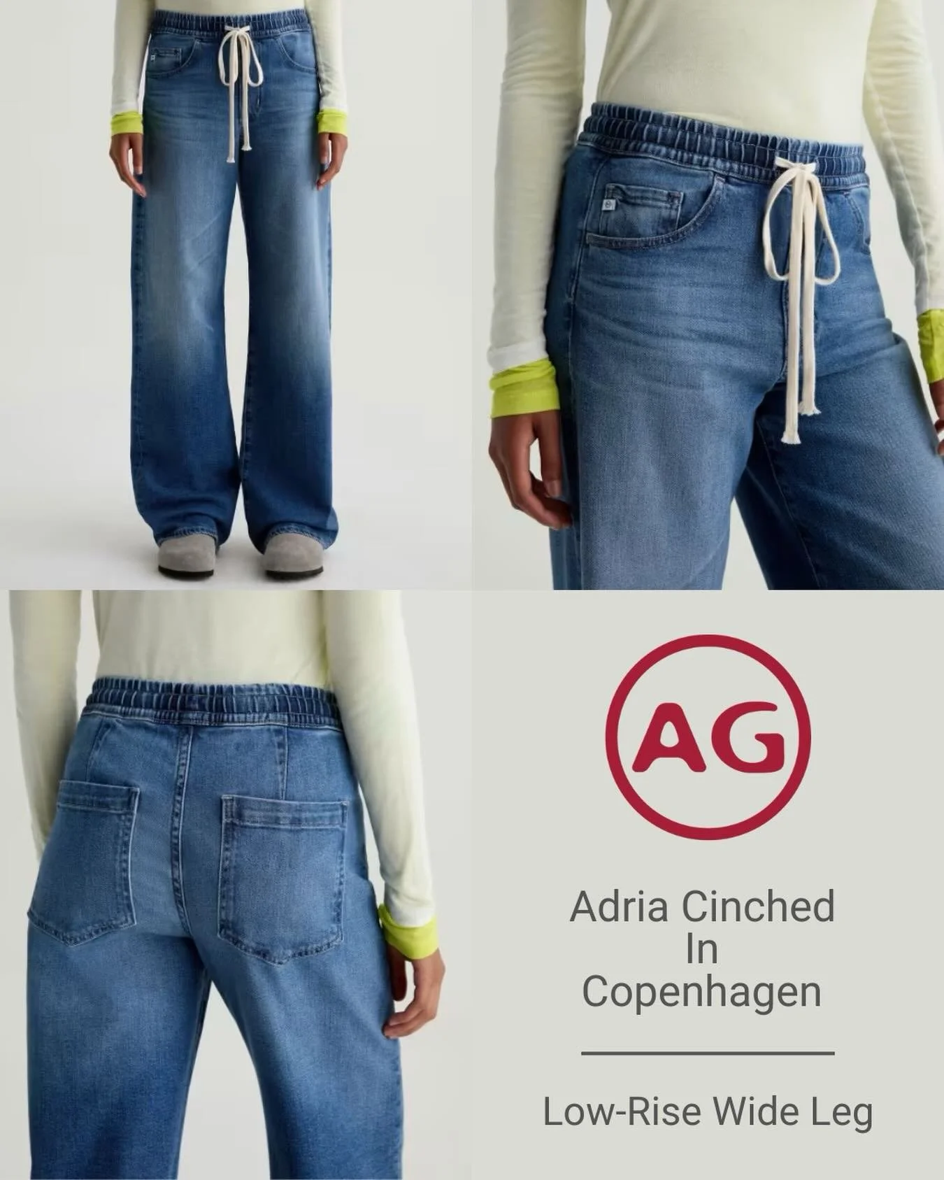 New From AG! Low-Rise, Wide Leg Jean With Drawstring Waist.