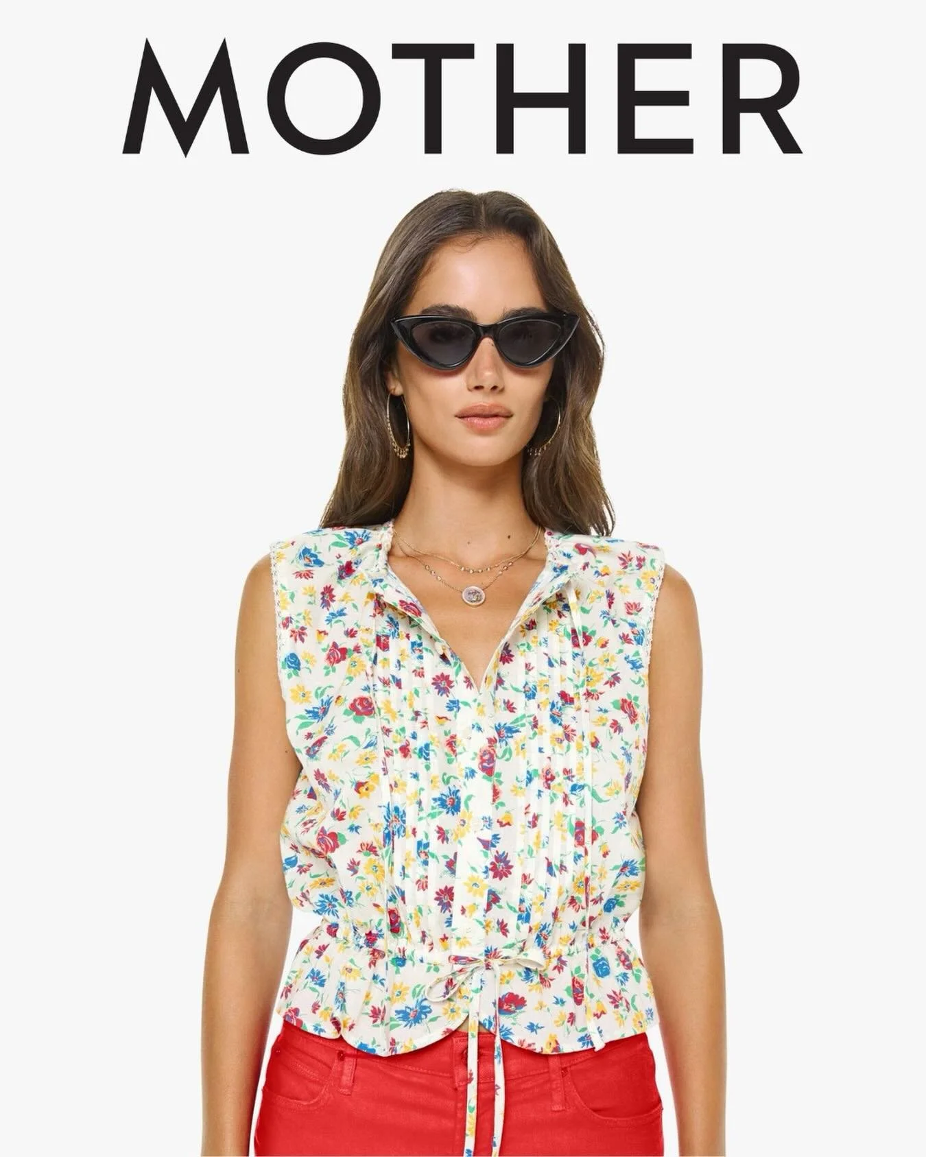 MOTHER - The Love Letter Sleeveless Blouse With A Buttoned V-Neck And Drawstring Waist.
