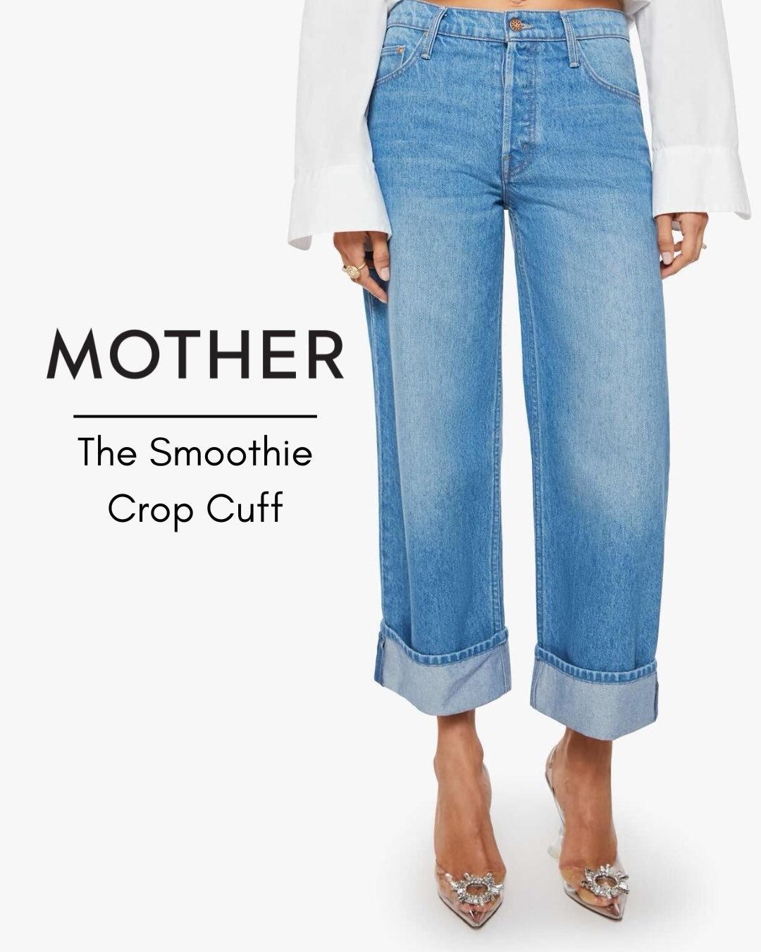 Just In! The Smoothie Crop Cuff From MOTHER. Wide Leg Jean With A Button Fly And A Cuffed Hem. Made From A Rigid Recycled Cotton Blend.
