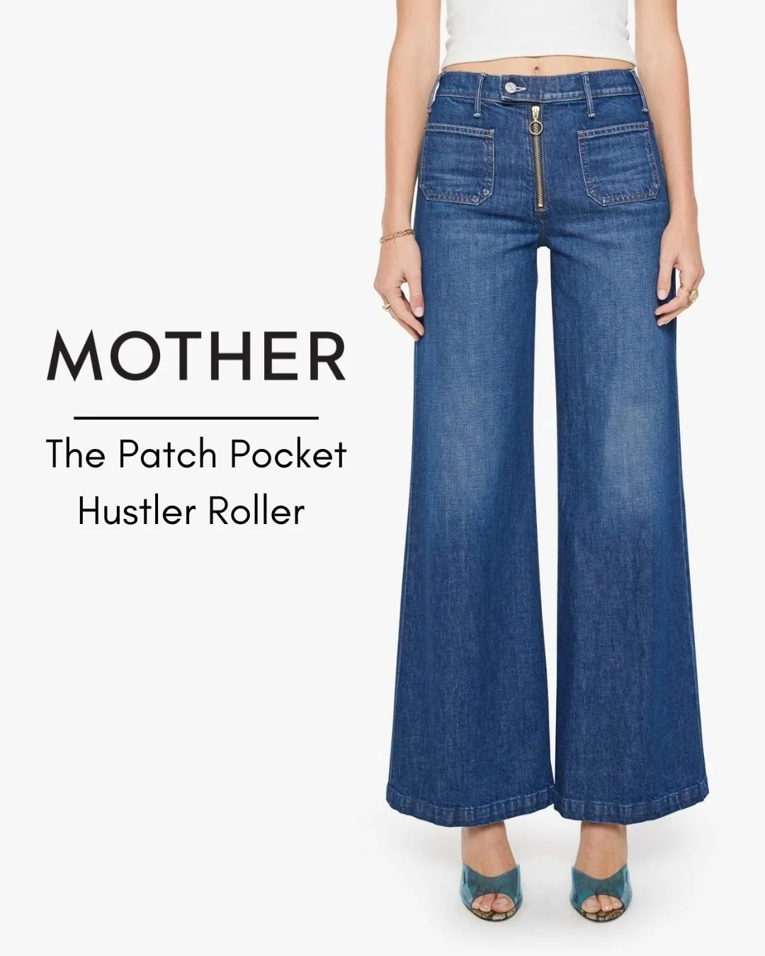 New! MOTHER - The Patch Pocket Hustler Roller Exposed Zip. 70s Inspired Wide Leg Jean With A High Rise And Tabbed Waistband.