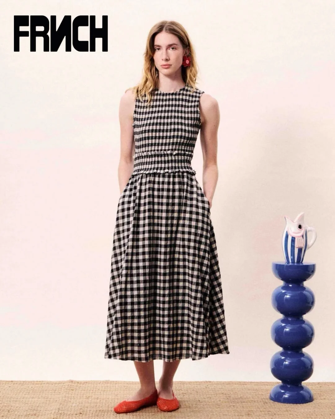 Just In! Saquarema Dress From FRNCH. Black &amp; White Checked Midi Dress With Smocked Waist And Flared Cut.