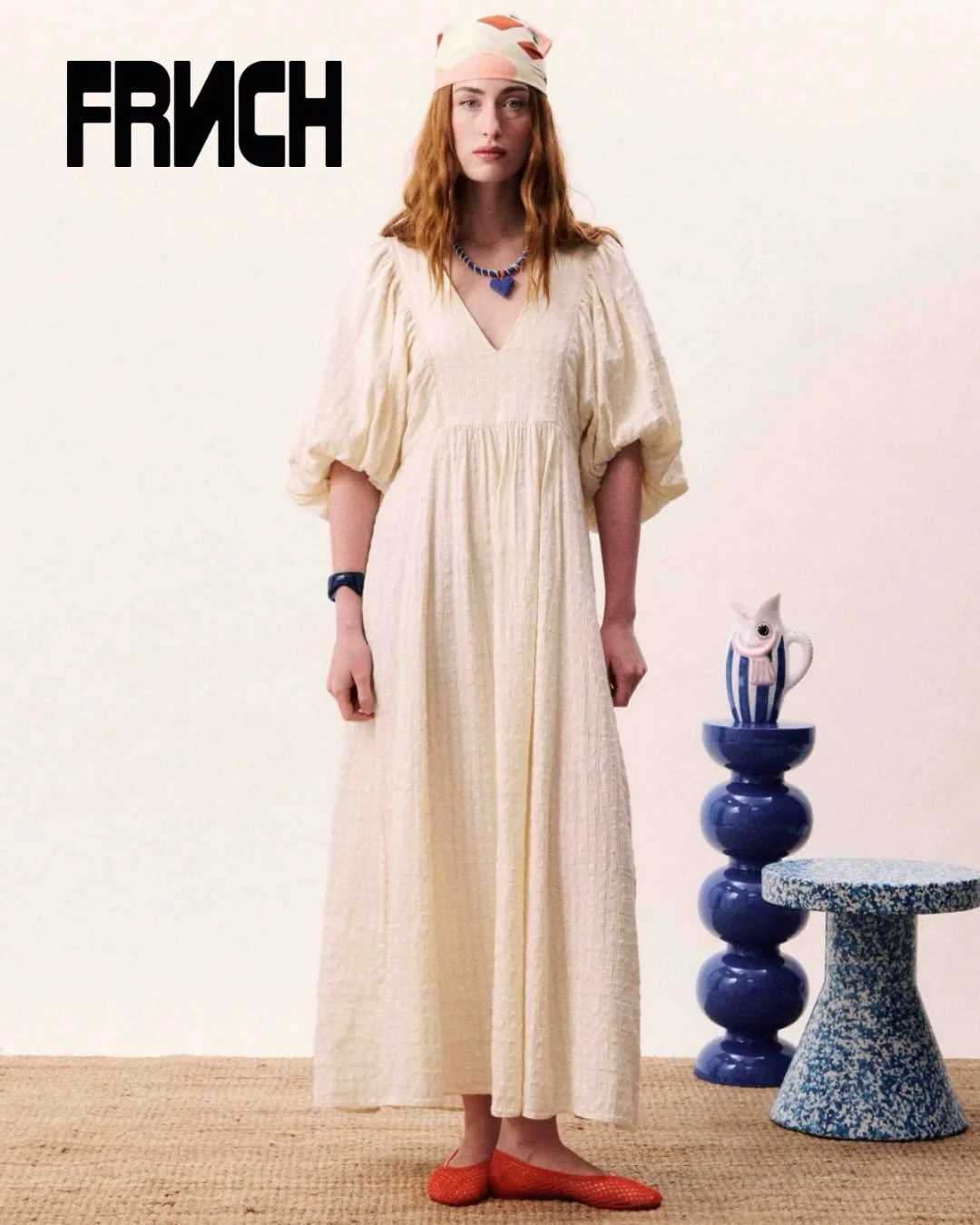 Just In! Neso Dress From FRNCH. Eyelet Embroidery With Puff Sleeves And V-Neck. 100% Cotton