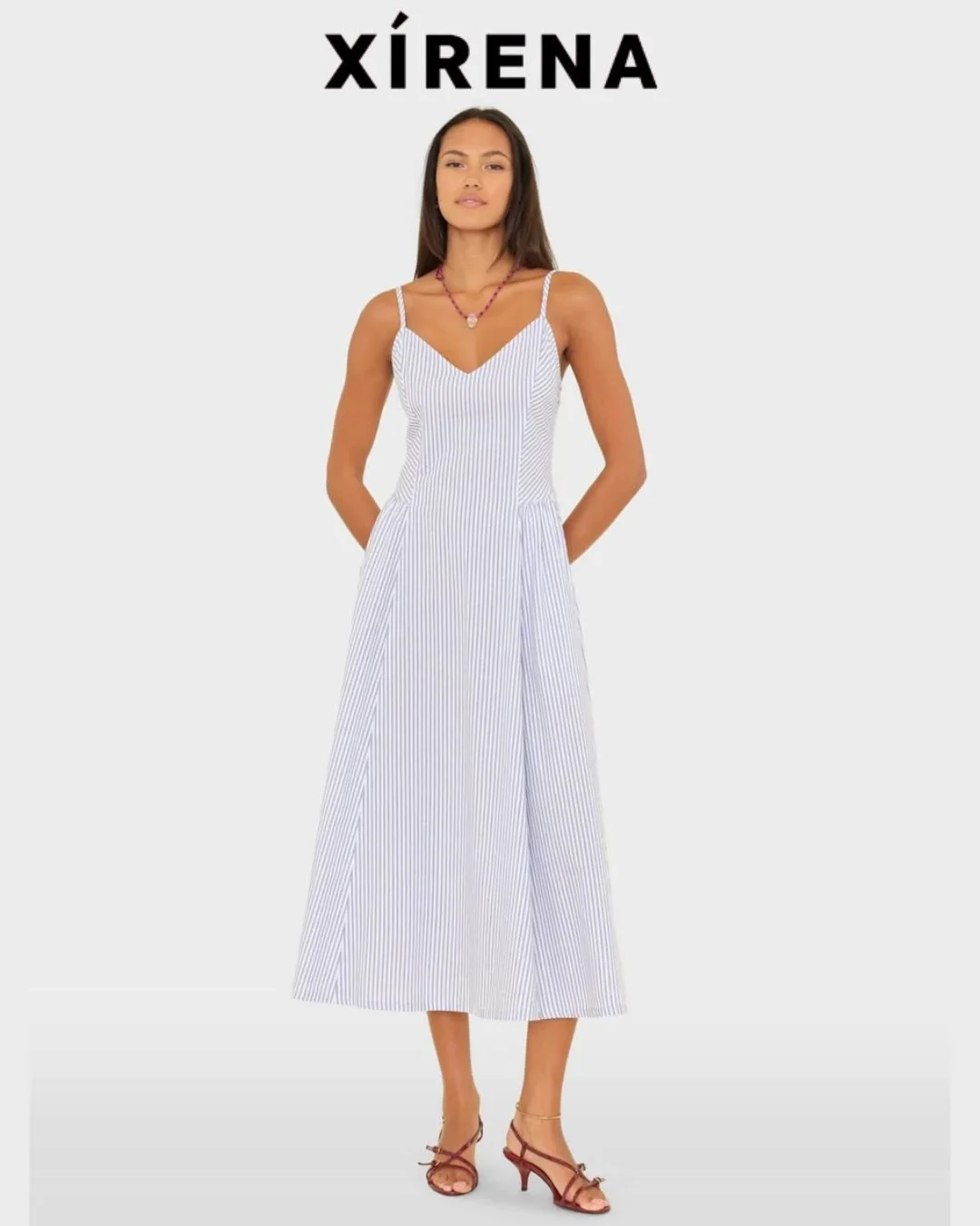 X&iacute;RENA- Aggie Bardot Dress. Lightweight Cotton Stripe Midi Dress. 100% Cotton.