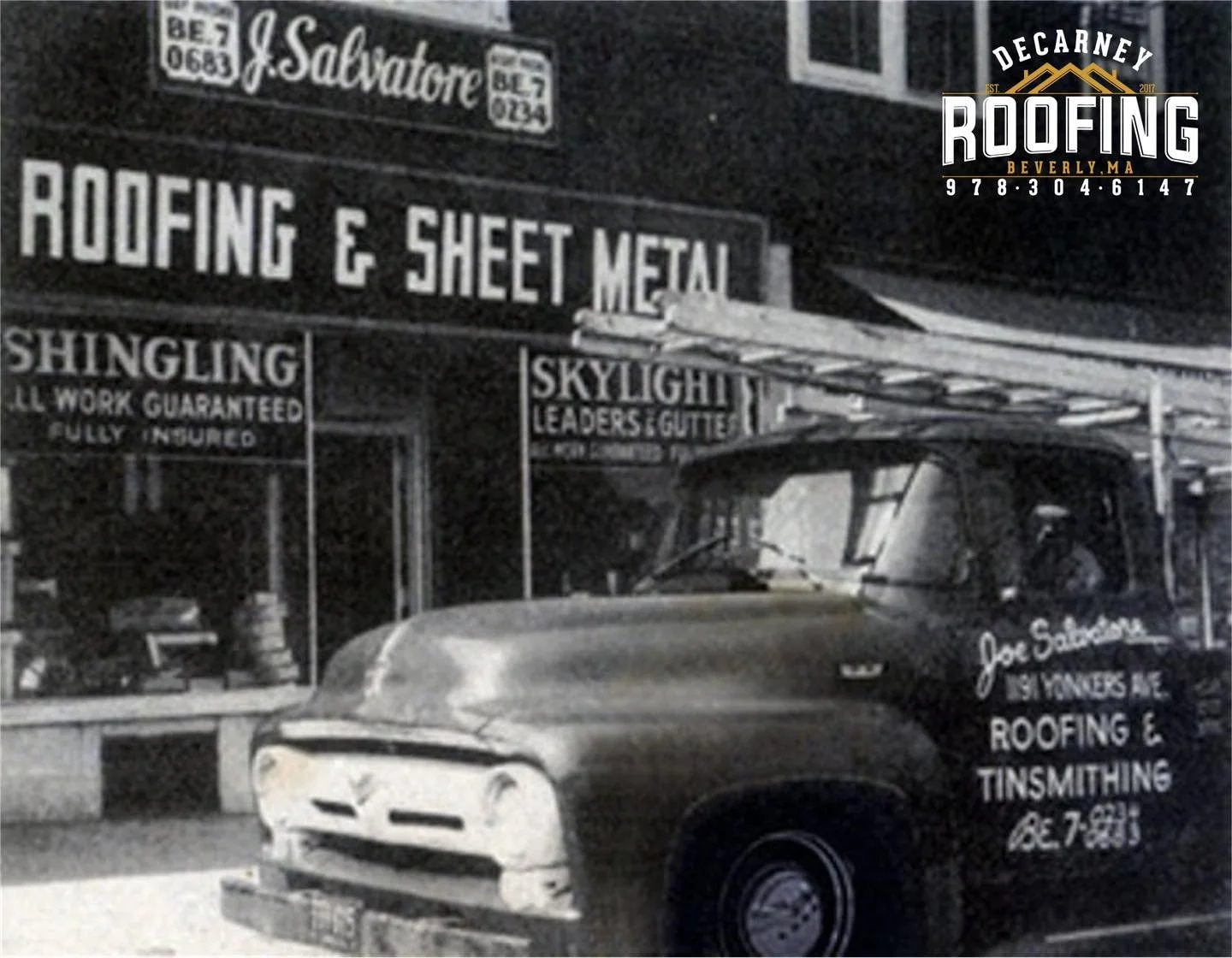 ⏳🏠 Throwback Thursday Roofing History! 🏠⏳
Now this one is just awesome!
The J. Salvatore Roofing & Sheet Metal truck looks great sitting out front with the old wooden ladders and hand-painted lettering.
The window signs are my favorite part