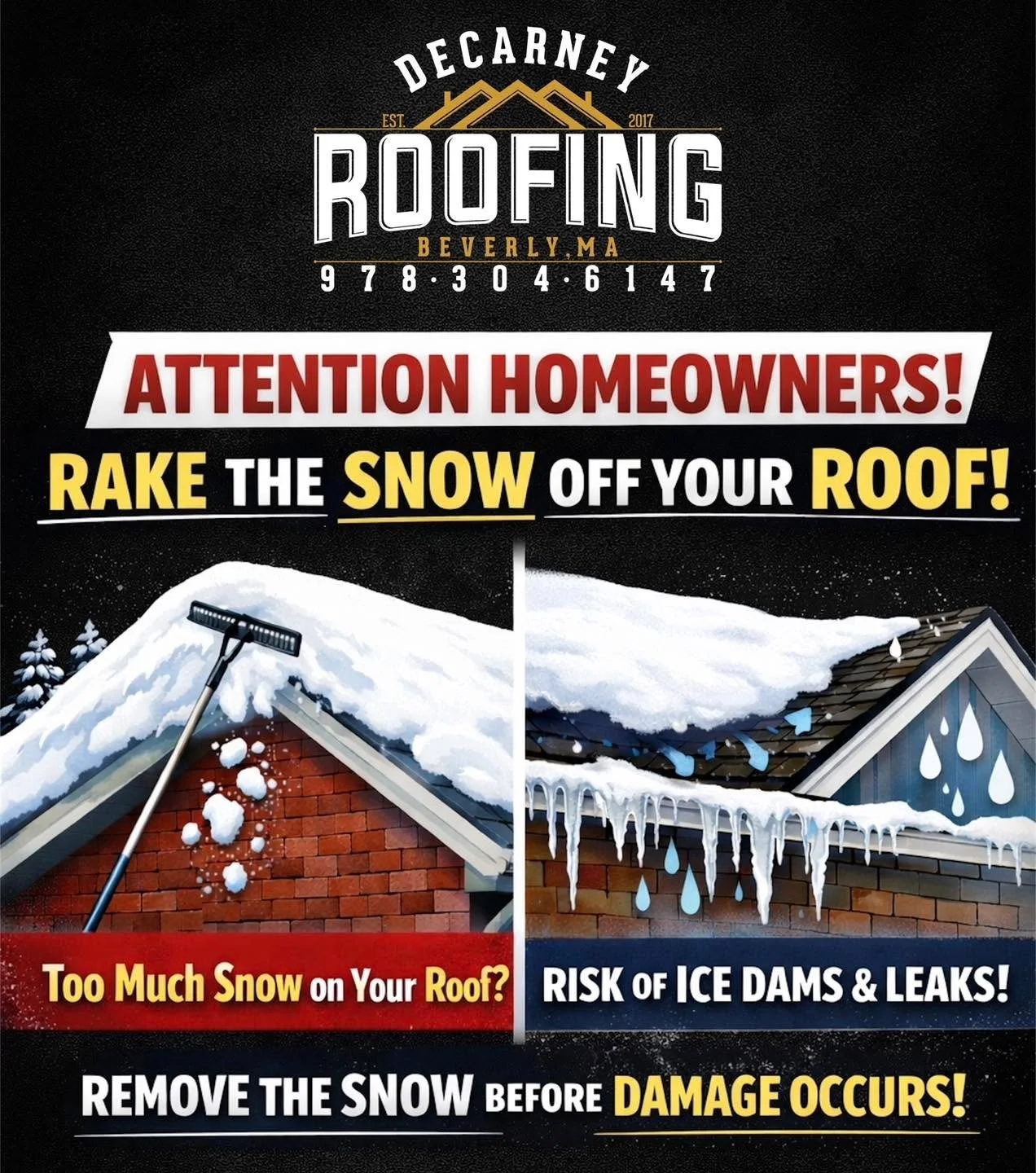 🚨 ICE DAM ALERT 🚨
Please share with friends and family.

While driving around Beverly and surrounding towns over the last few days, I cannot help but notice that very few homes have been roof raked. This was not a normal storm, and many houses curr