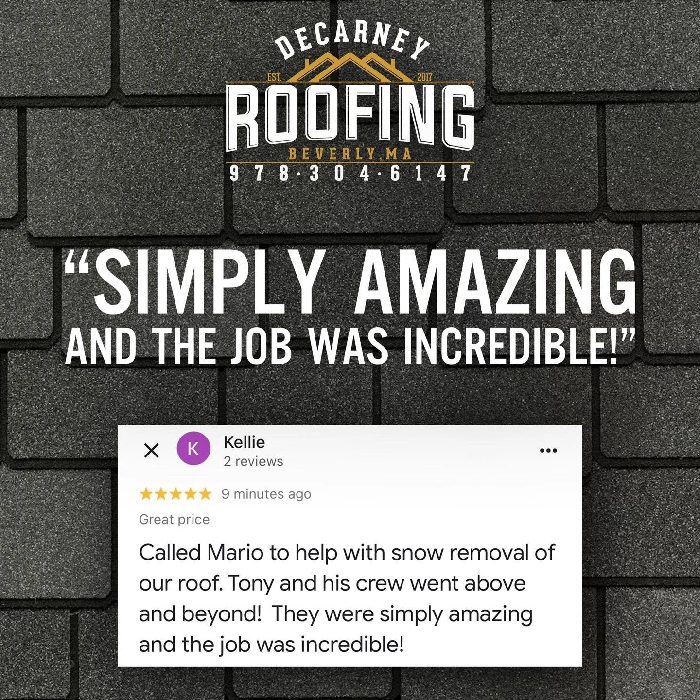 🥳 No better way to end the week than reposting a great review we received this week, thank you so much Kellie!

Have a great weekend everyone! 

#DeCarneyRoofing #DeCarneyDidIt #TheDeCarneyDifference #BeverlysRoofer #Beverly #BeverlyBasedBeverlyTrus