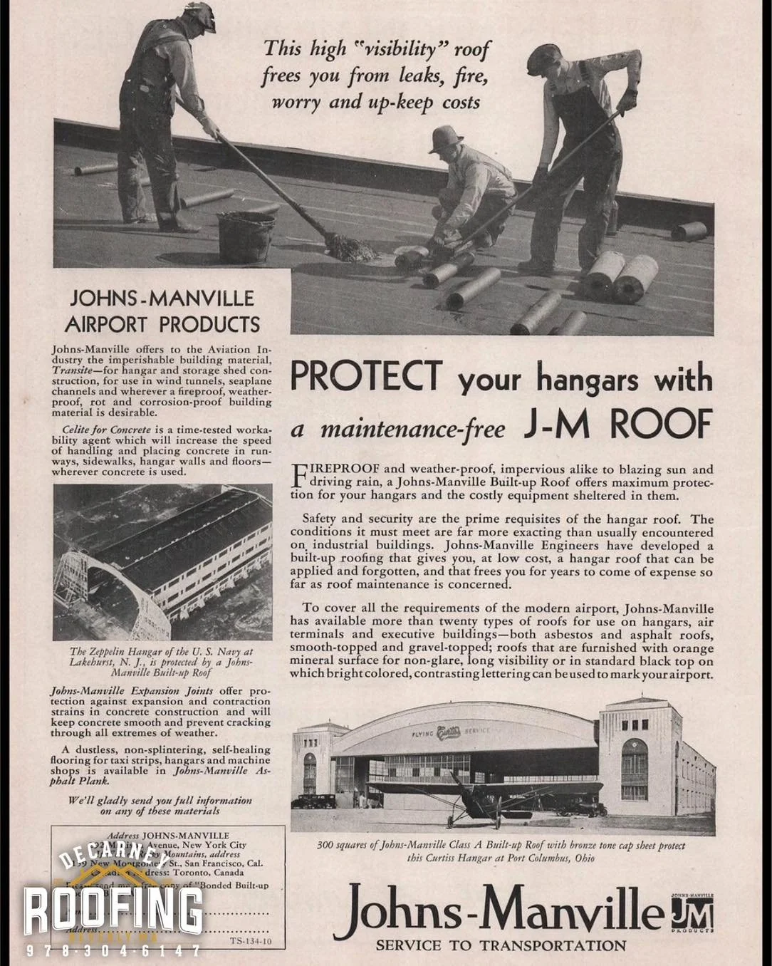 🕰️ Throwback Thursday Roofing History  Edition 🛠️

This 1930 ad from Johns-Manville shows built up roofing being used to protect airport hangars! Way before rubber membranes, roofers were installing multi layer asphalt systems designed to be firepr