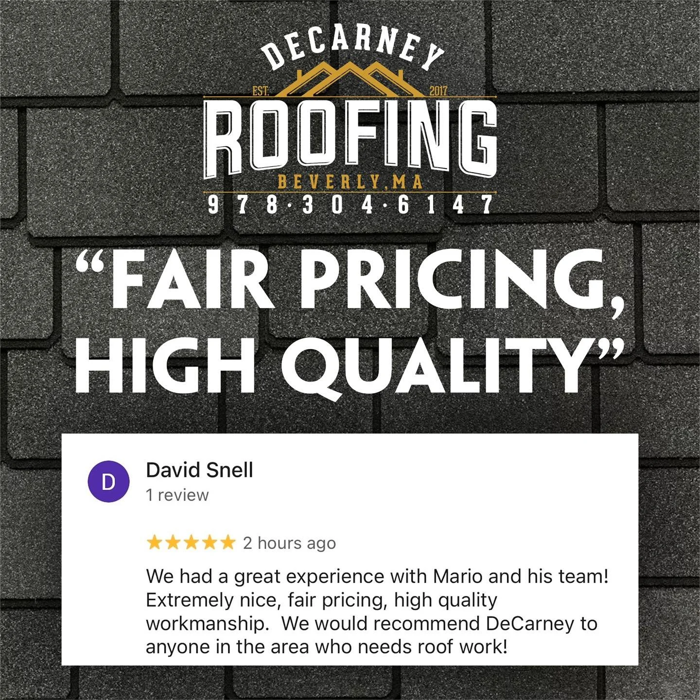 🥳 Huge thank you to David for taking the time to share this great review! We really appreciate the kind words and the trust in us and our team.

Fair pricing and high quality is exactly what we aim for on every job 🤝

#DeCarneyRoofing #DeCarneyDidI