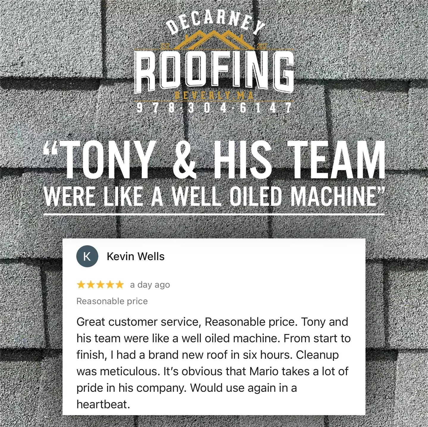 😊 No better way to start the week!! Thank you so much for the review Kevin!! 

#DeCarneyDidIt #DeCarneyRoofing #TheDeCarneyDifference #BeverlysRoofer #Beverly #BeverlyMa #BeverlyBasedBeverlyTrusted