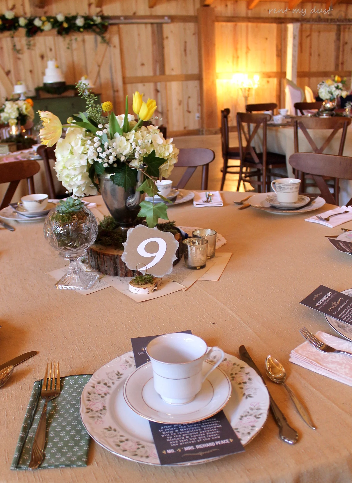 Mismatched Dinner, teacup & saucer, & napkin