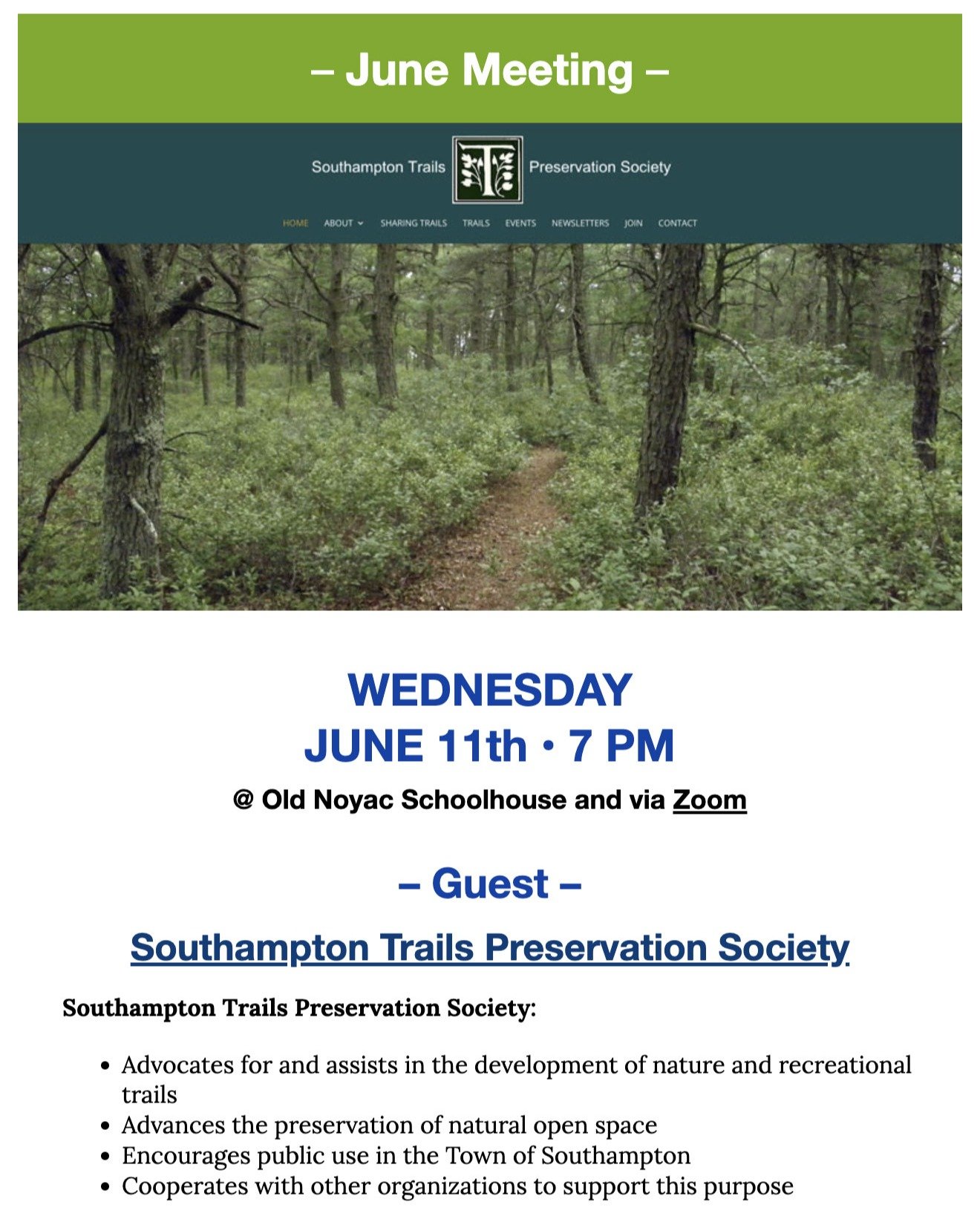 Come to our June 11th meeting on Wednesday for a presentation from the #southamptontrailspreservationsociety 
Four members from the society will give the audience a history of the group and talk about the trails, especially in the Noyac area, show us